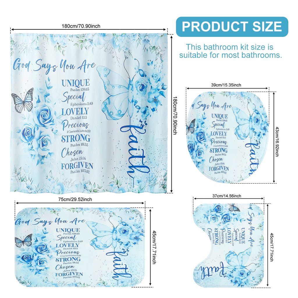 Dznils Blue Floral Shower Curtain Sets with Rugs, 16pc Butterfly Bathroom Curtain Set, 72" x 72" - Image 2