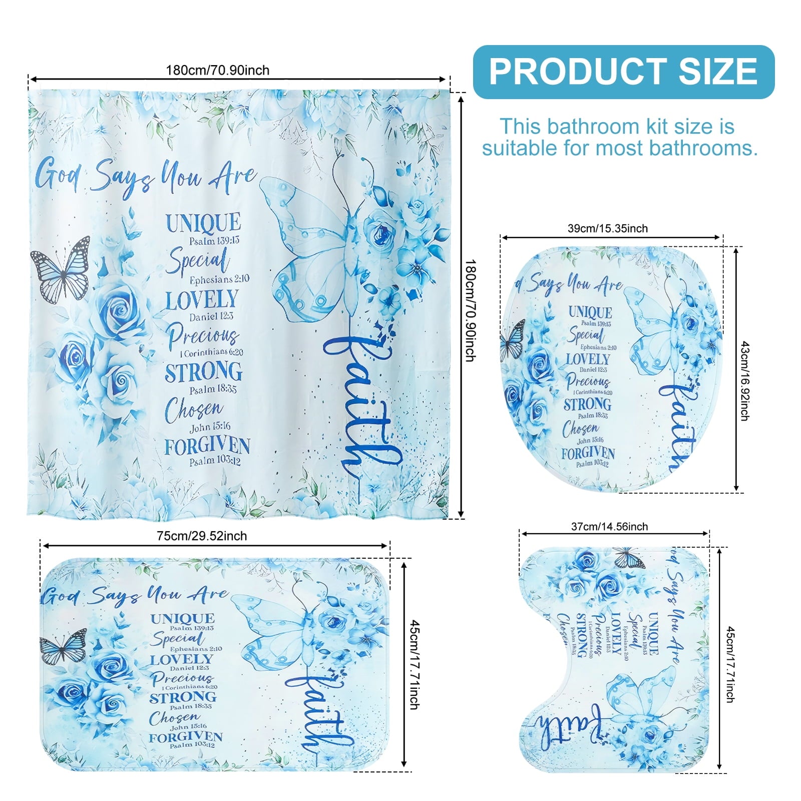 Dznils Blue Floral Shower Curtain Sets with Rugs, 16pc Butterfly Bathroom Curtain Set, 72" x 72" - Image 2