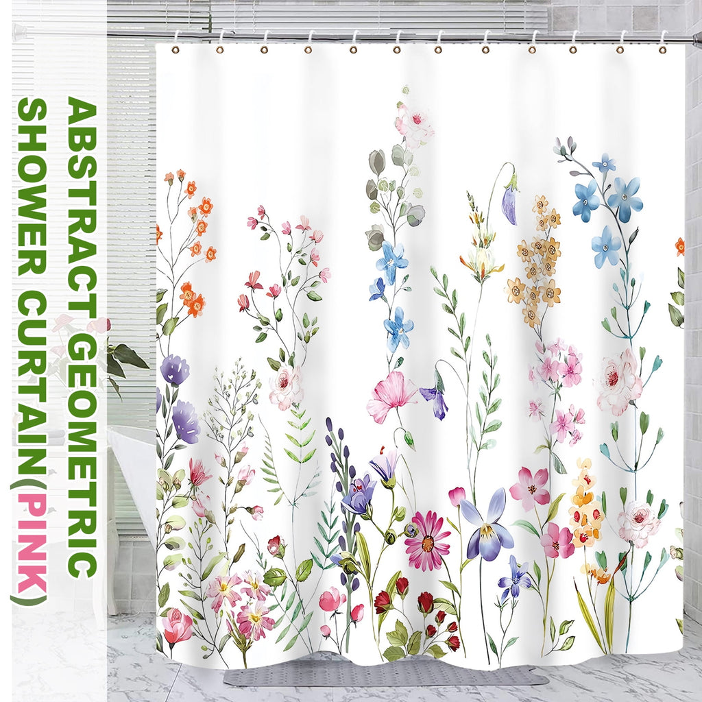 White Floral Fabric Shower Curtain, Watercolor Bathroom Curtain with Hooks, Pink, 72" x 72" - Image 4