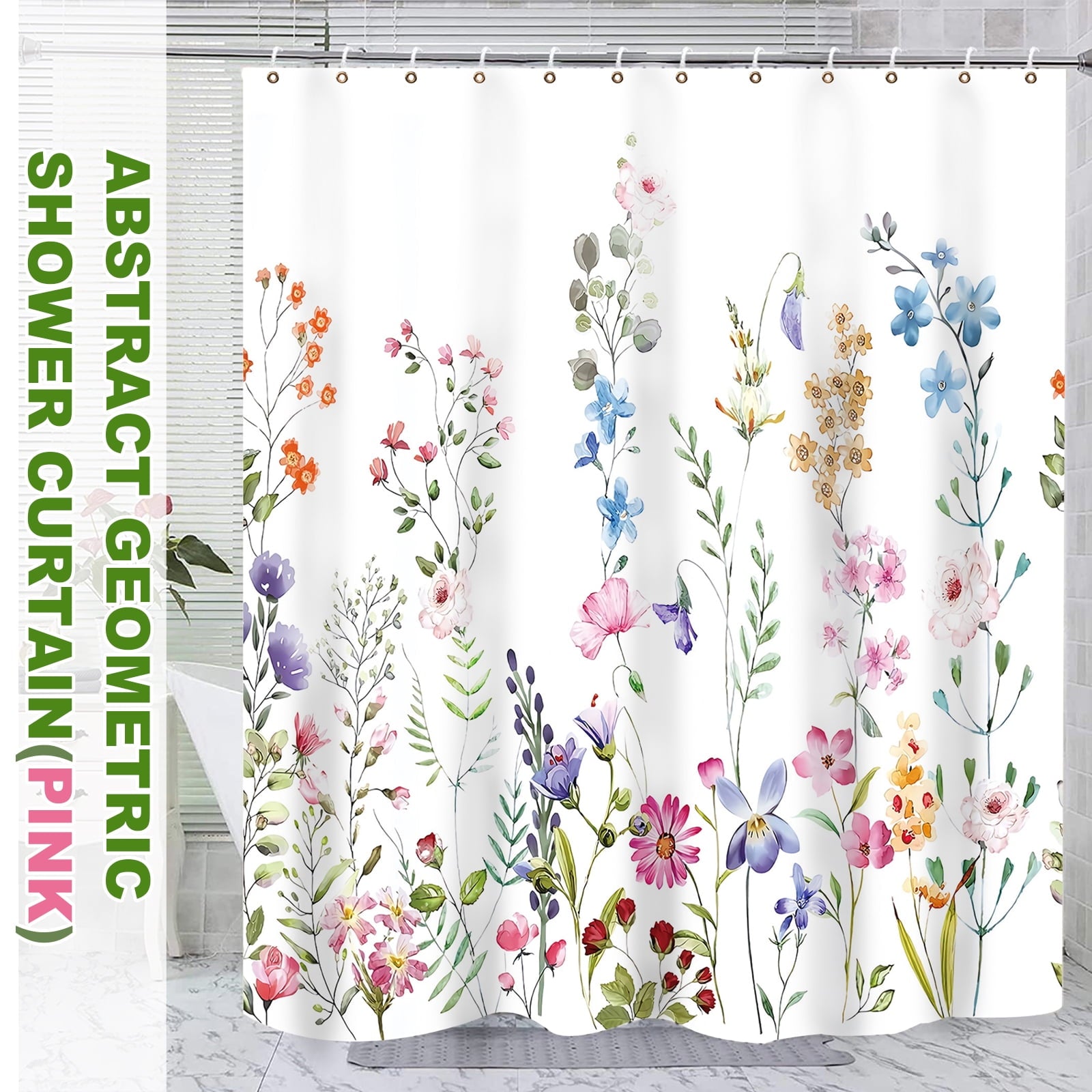 White Floral Fabric Shower Curtain, Watercolor Bathroom Curtain with Hooks, Pink, 72" x 72" - Image 4