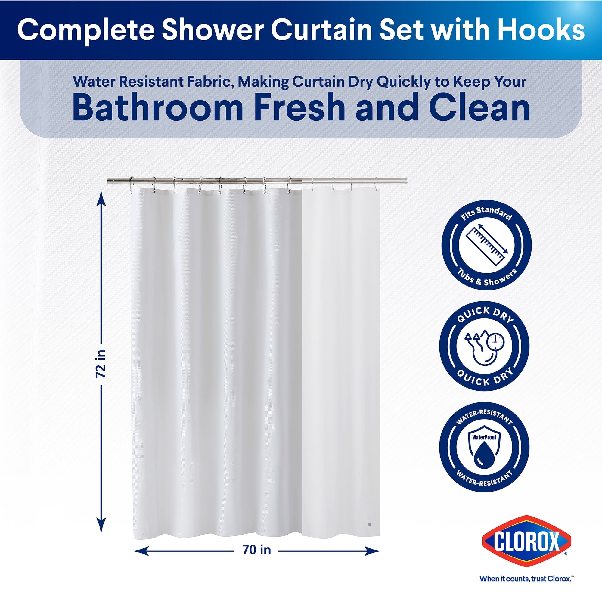 100% Shower Curtain Set with Waterproof Liner and 12 Metal Hooks (White) - Image 2