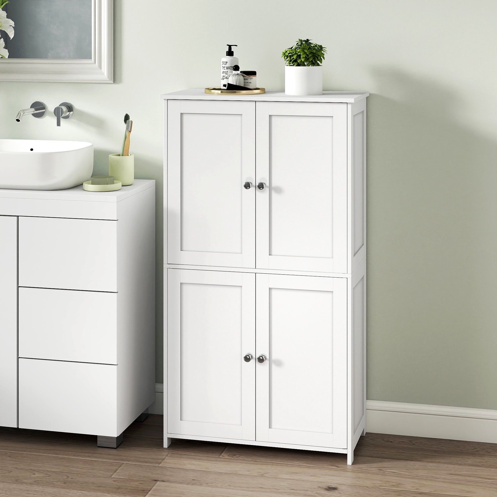 LEDREM Bathroom Storage Floor Cabinet Organizer with Adjustable Shelf 4 Magnetic Doors Freestanding for Small Spaces,White - Image 3
