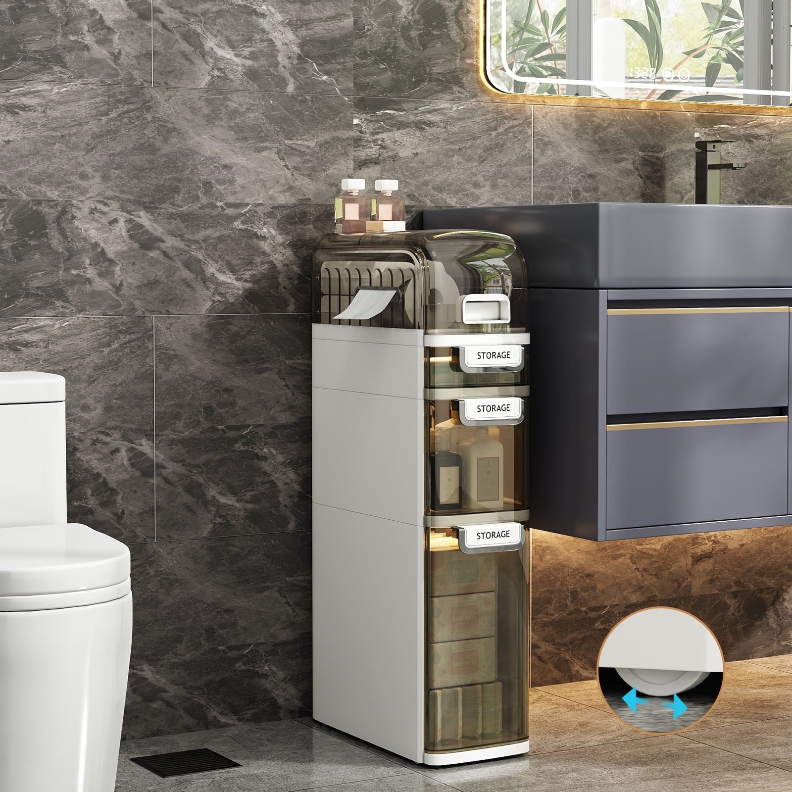 Bathroom Storage,3-Tiers Slim Waterproof Narrow Storage Cabinet,Storage Floor Cabinet with Drawers for Small Spaces - Image 3
