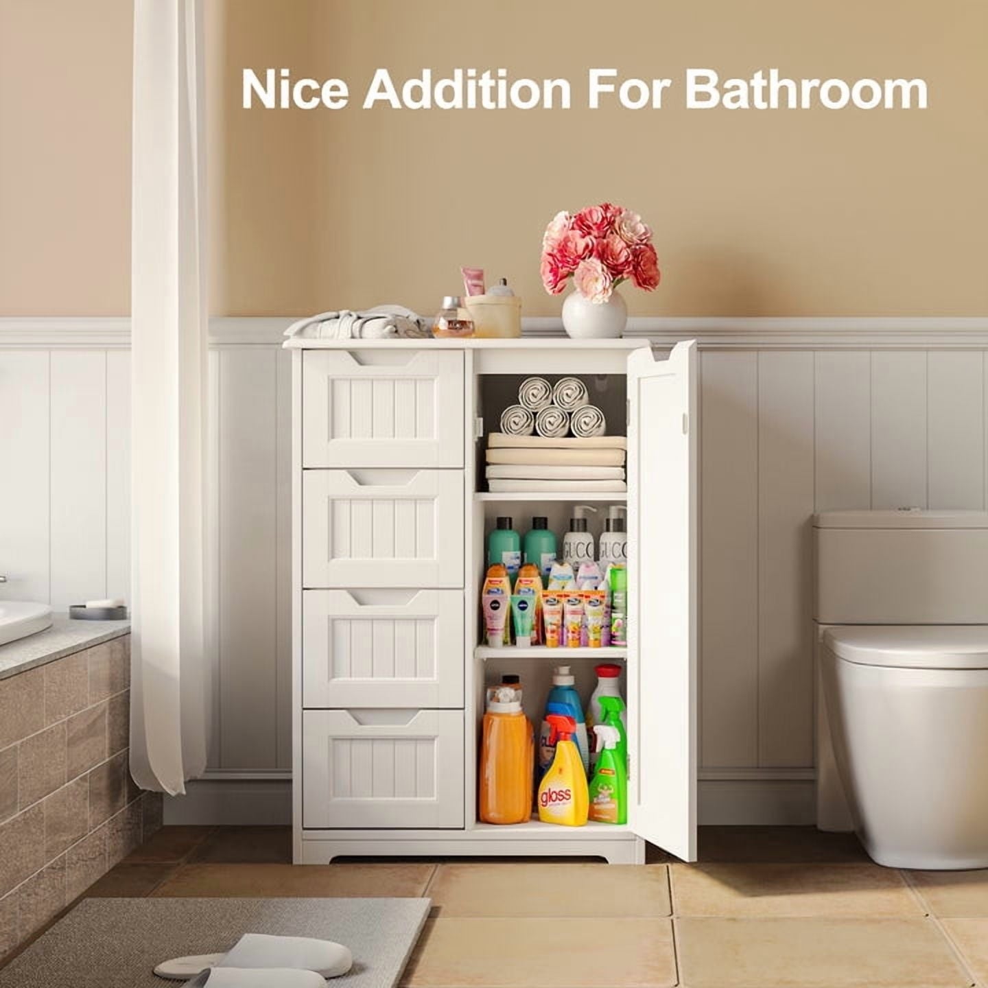 Aiho 33.5 "H Wooden Bathroom Storage Cabinet with 4 Drawers, a Cupboard and Adjustable Dividers for Bathroom,Living room,and Bedroom - White - Image 4