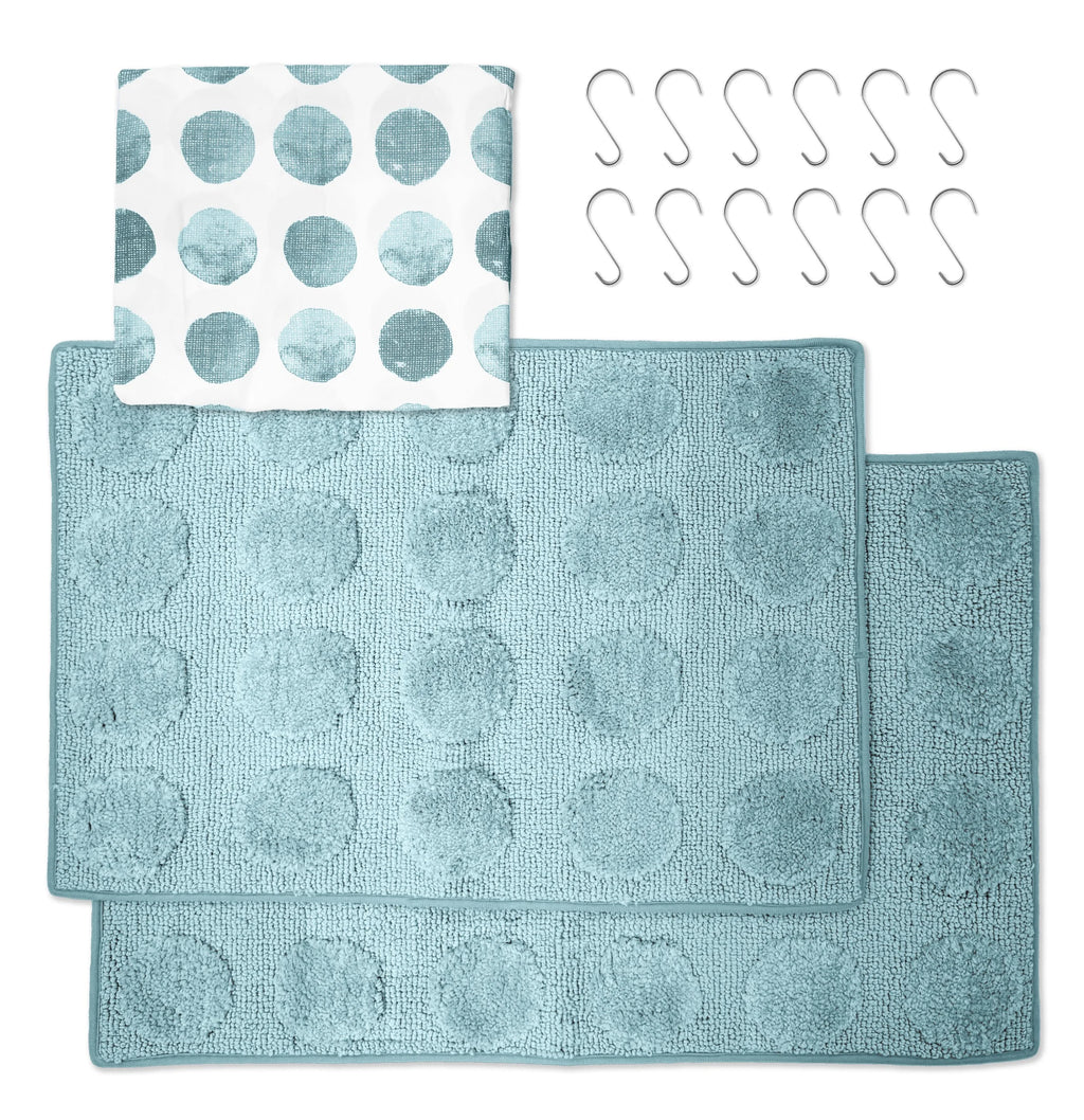 15-Piece Blue Dots Bathroom Set – Shower Curtain, Bath Rugs & Hooks, Modern Washable Design - Image 2