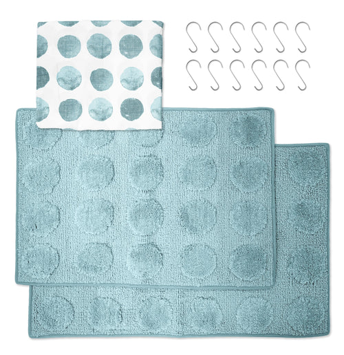 15-Piece Blue Dots Bathroom Set – Shower Curtain, Bath Rugs & Hooks, Modern Washable Design - Image 2