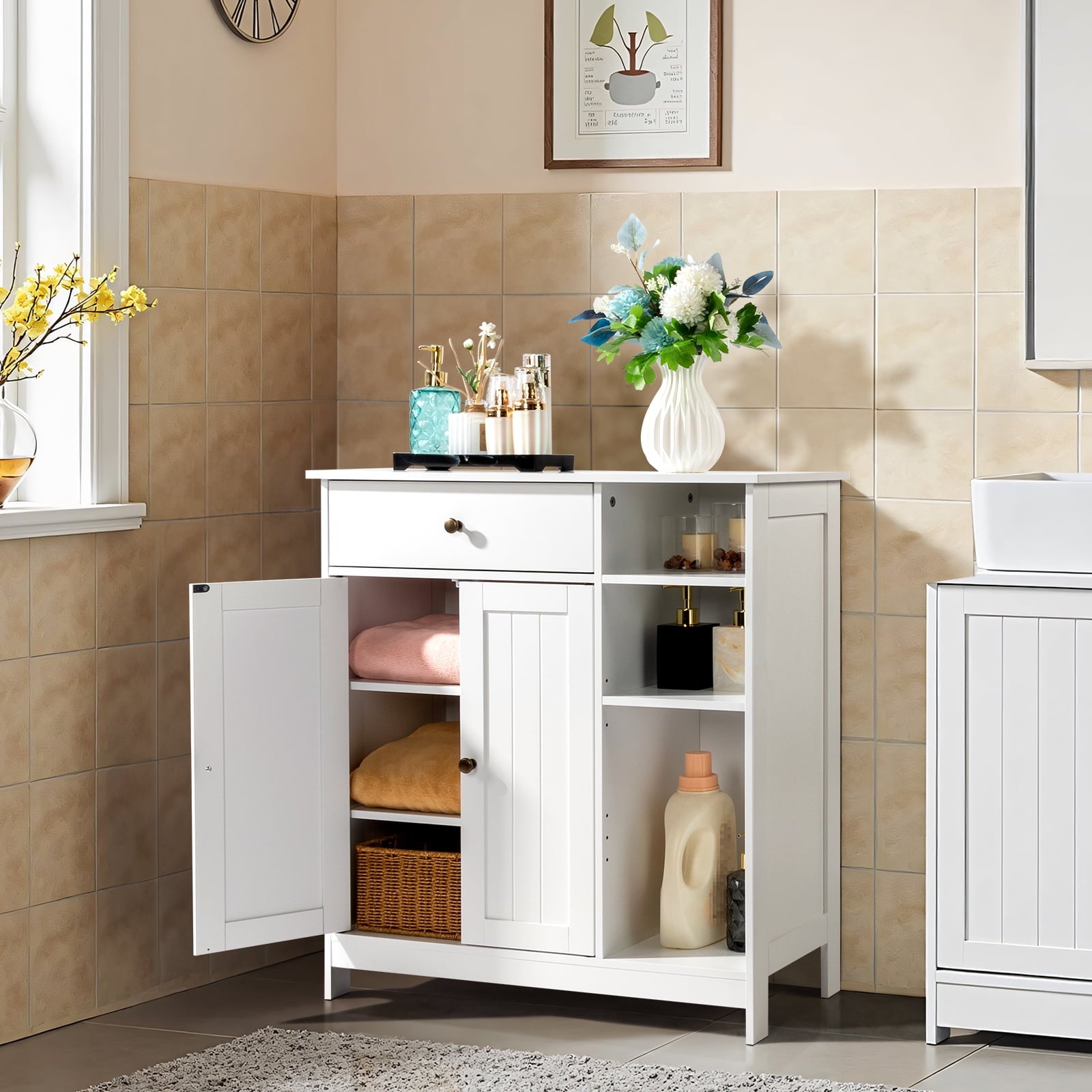 Zimtown Wooden 2-Door  Bathroom Cabinet Storage Organizer with 2 Shelves& 1 Drawer & Three-layer Side Rack, White - Image 6