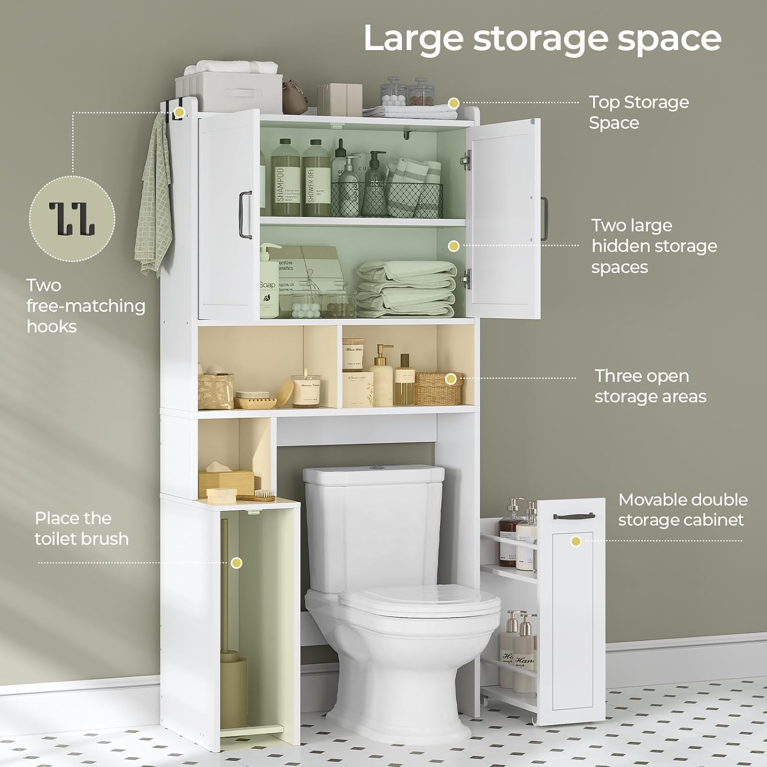 The Toilet Storage Cabinet with Pulley, Bathroom Storage Cabinet, with Adjustable Shelf and Open Shelf for Bathroom, ... - Image 4