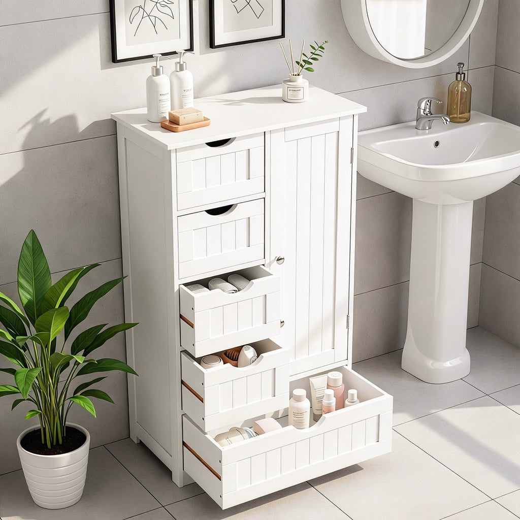 Wooden Bathroom Floor Cabinet, Side Storage Organizer with 5 Drawers, 1 Cupboard & 2-Shelves, White - Image 4