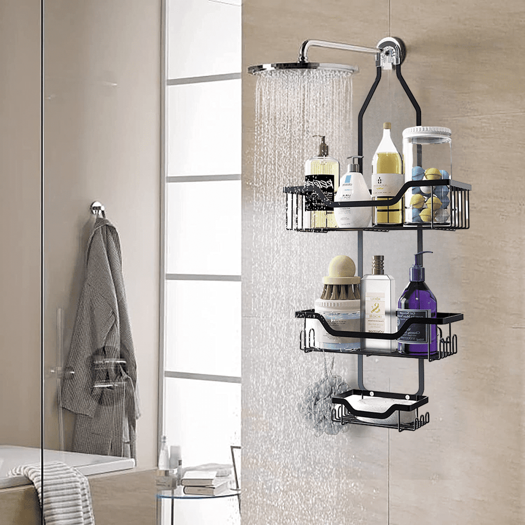 Shower Caddy, Over Head Shower Organizer Rustproof with Hooks for Towels, Sponge and more, Stainless Steel Black - Image 5