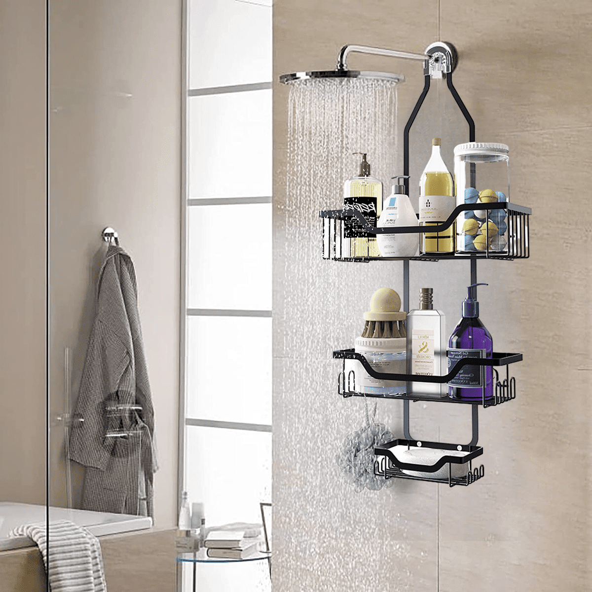 Shower Caddy, Over Head Shower Organizer Rustproof with Hooks for Towels, Sponge and more, Stainless Steel Black - Image 5