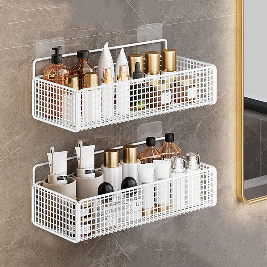 Basket, 14.4x5.9in Metal Wire Organizer with Hooks for Bathroom Shower, Kitchen Spice Rack, No Drill Adhesive Install... - Image 4