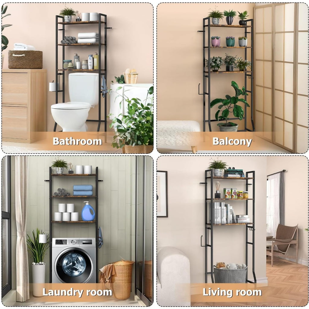 Over The Toilet Storage Shelf, 3-Tier Bathroom Organizer with Toilet Paper Holder and 3 Hooks, Freestanding Shelving for Restroom, Laundry, - Image 3