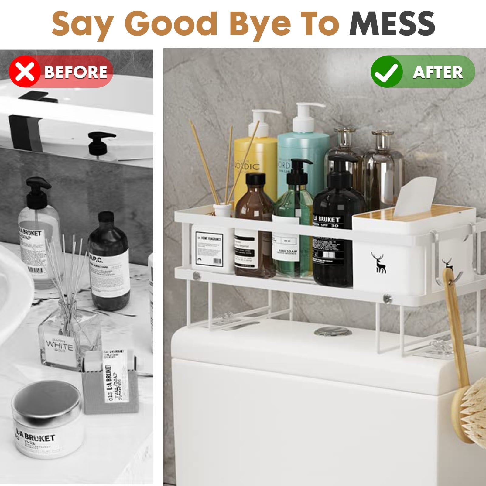 the Toilet Storage Shelf, Freestanding Bathroom Shower Caddy Organizer Behind Toilet Stand Shelves Towel Rack, White - Image 5