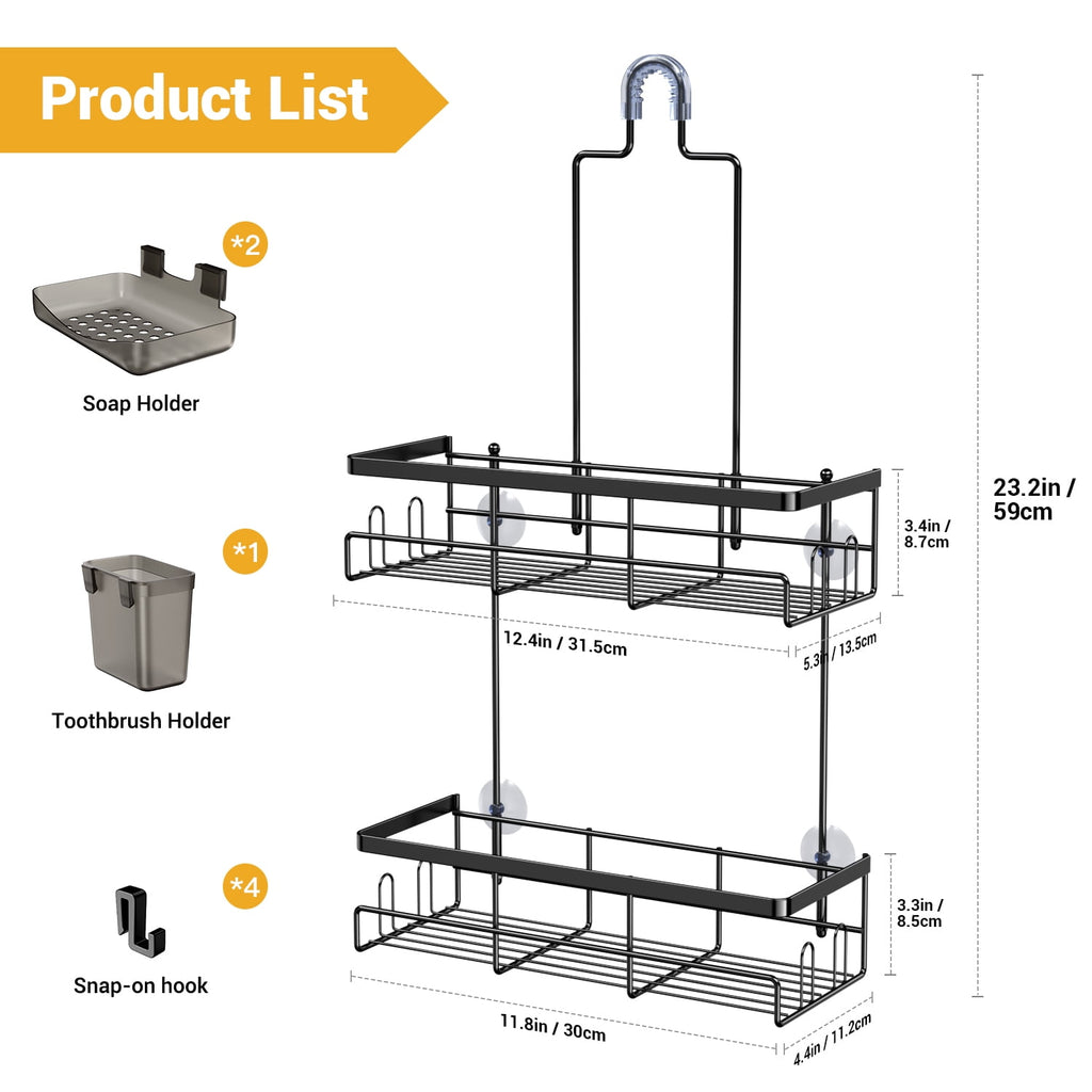 over Head: Stainless Steel Bathroom Organizer for Shampoo with Soap Holder, Hooks, Toothbrush Holder- Black - Image 2