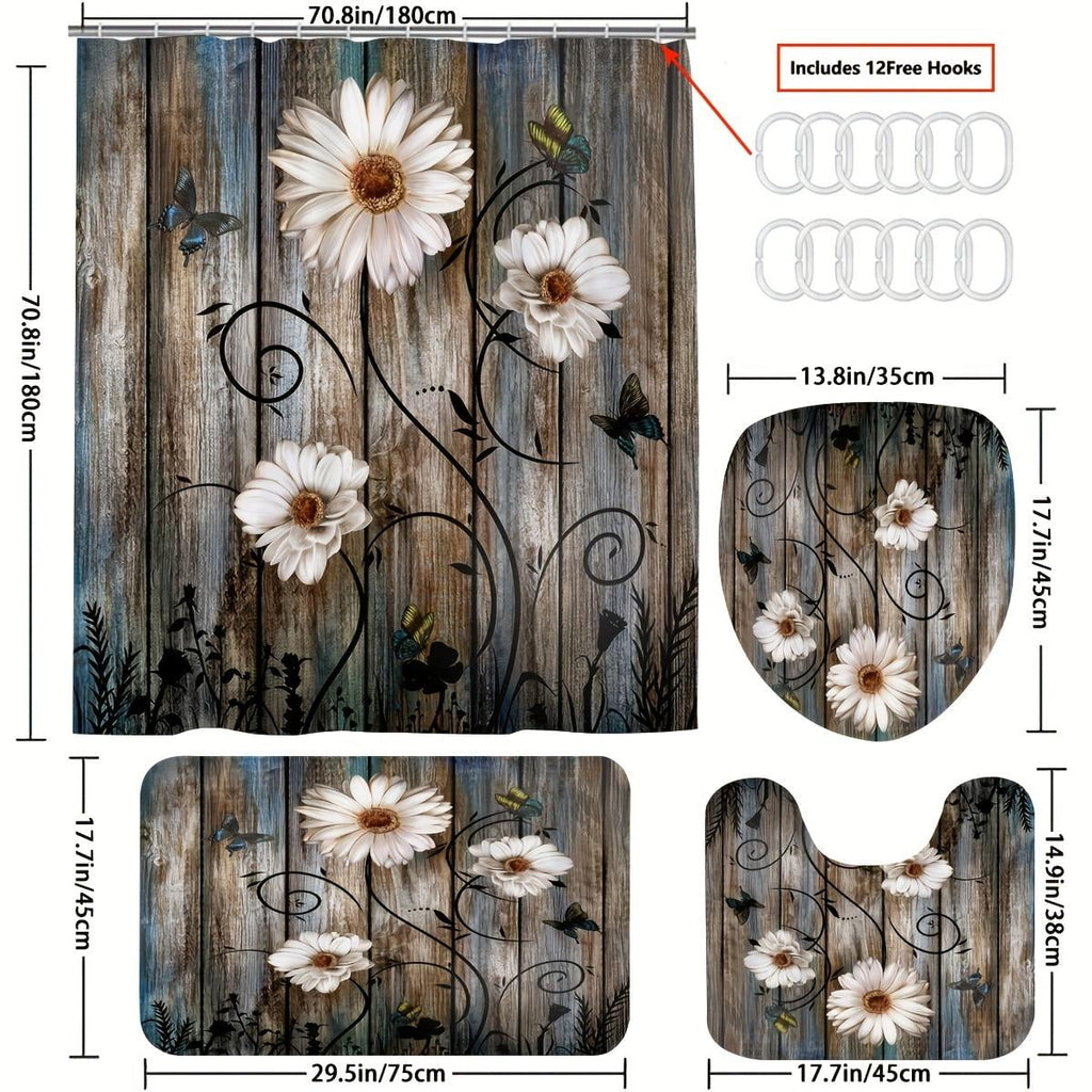 Curtain Set 4, Farm Teal Daisy Floral Bathroom Decor Set with Bath Curtain, Bath Mat, Toilet Lid and U-shaped Rug - Image 4
