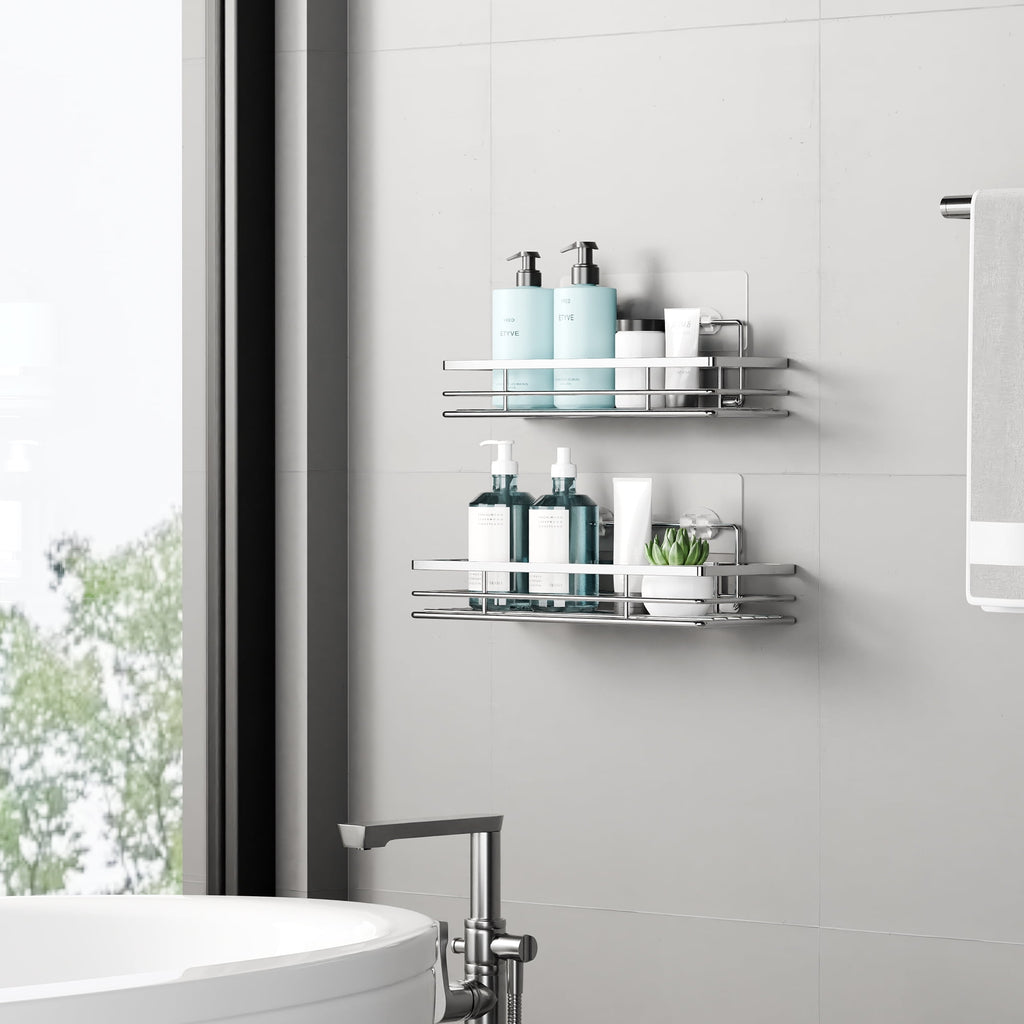 2 Pack Shower Caddies Bathroom Organizer Shower Basket No Drilling Wall Mounted Shower Rack Silver with Self-Adhesive... - Image 3