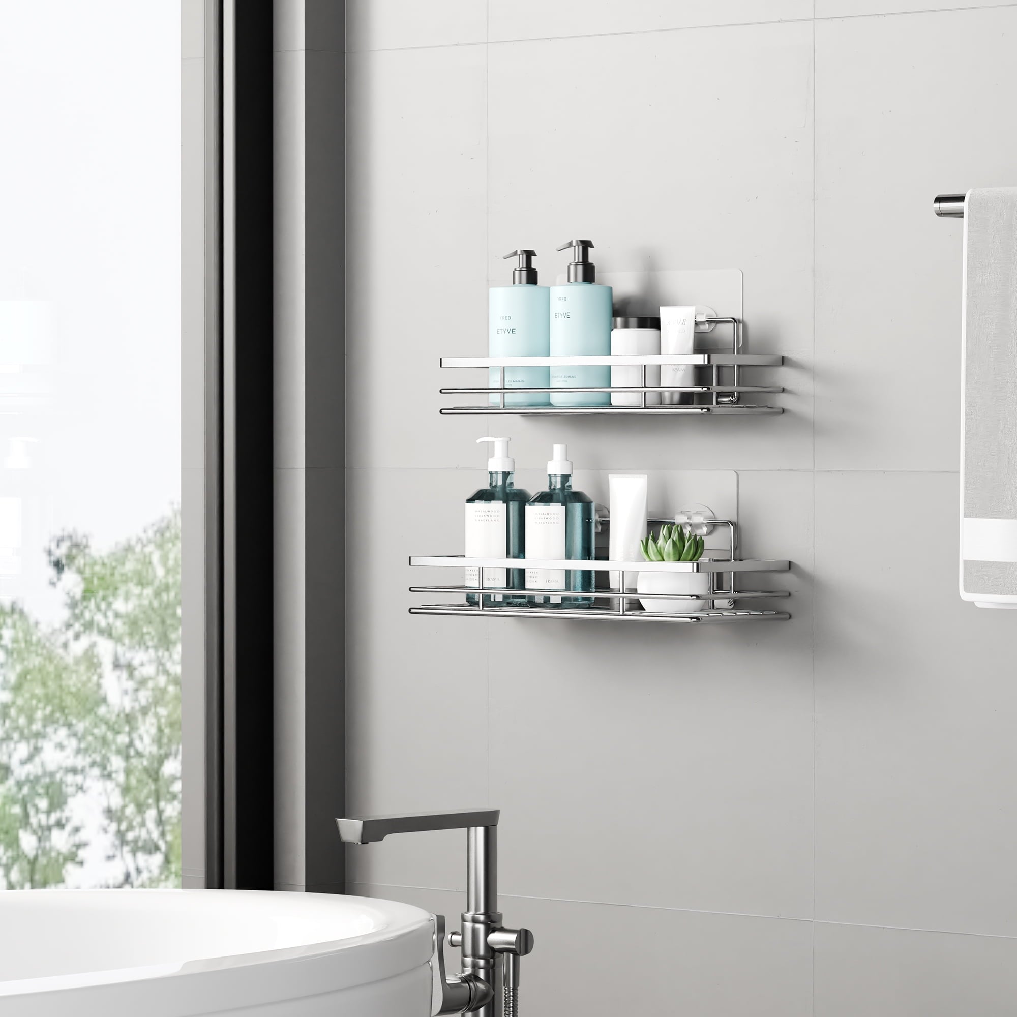 2 Pack Shower Caddies Bathroom Organizer Shower Basket No Drilling Wall Mounted Shower Rack Silver with Self-Adhesive... - Image 3