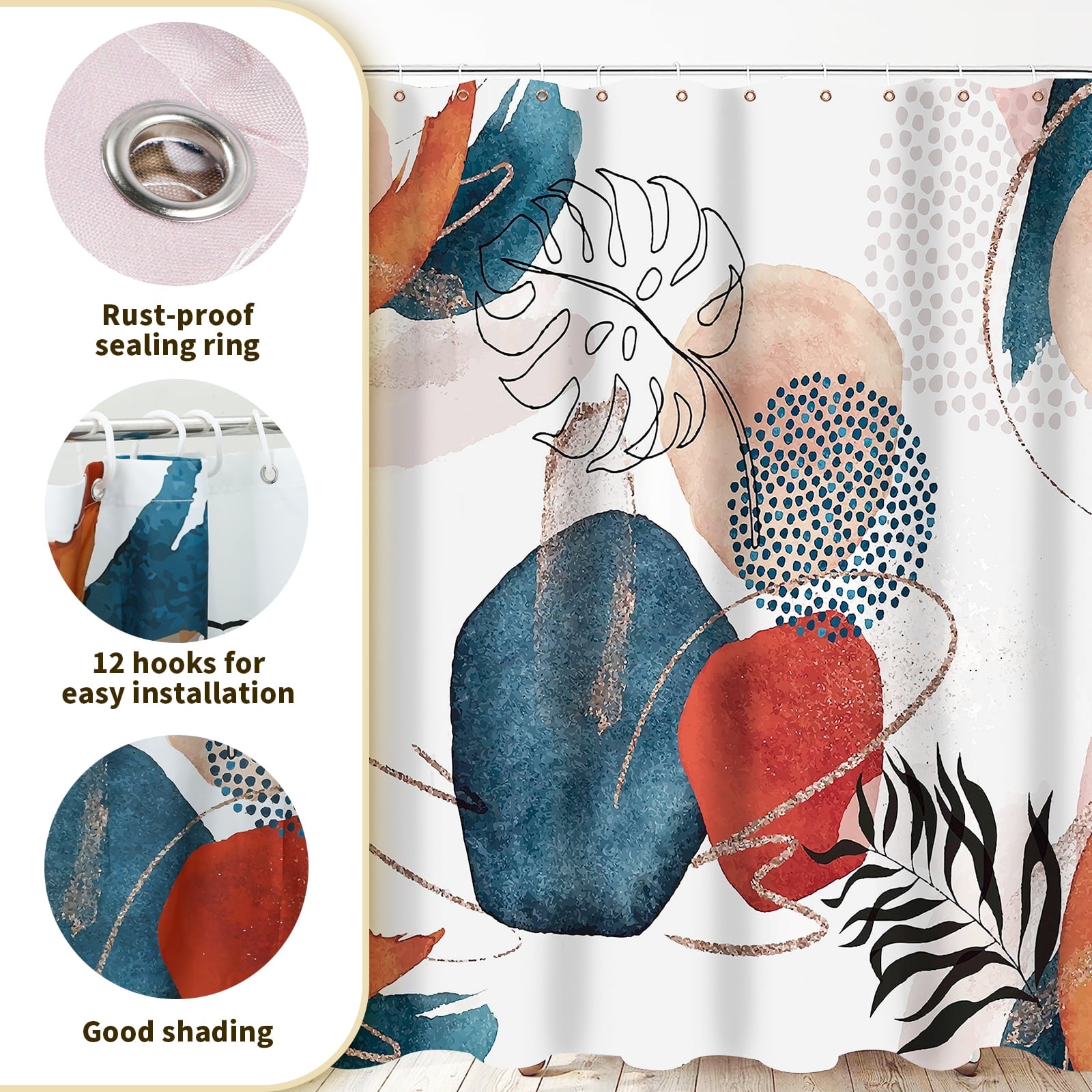 Fabric Shower Curtain and Rug Sets, 16pc Modern Bathroom Sets, Navy, 72" x 72" - Image 4