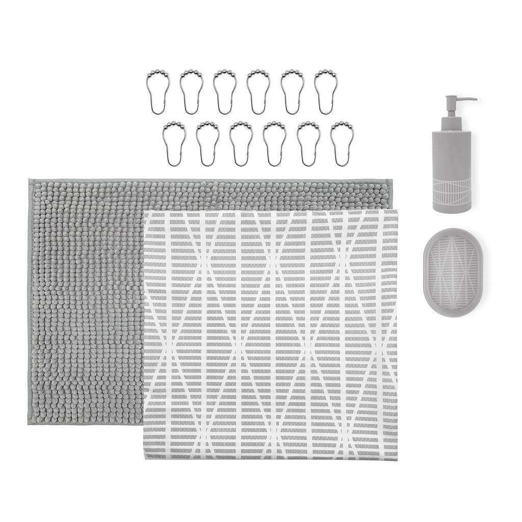 16-Piece Grey Diamond Geo Shower Curtain Bathroom Set Fabric Curtain with Rug, Hooks, Soap Dispenser & Tray - Image 3