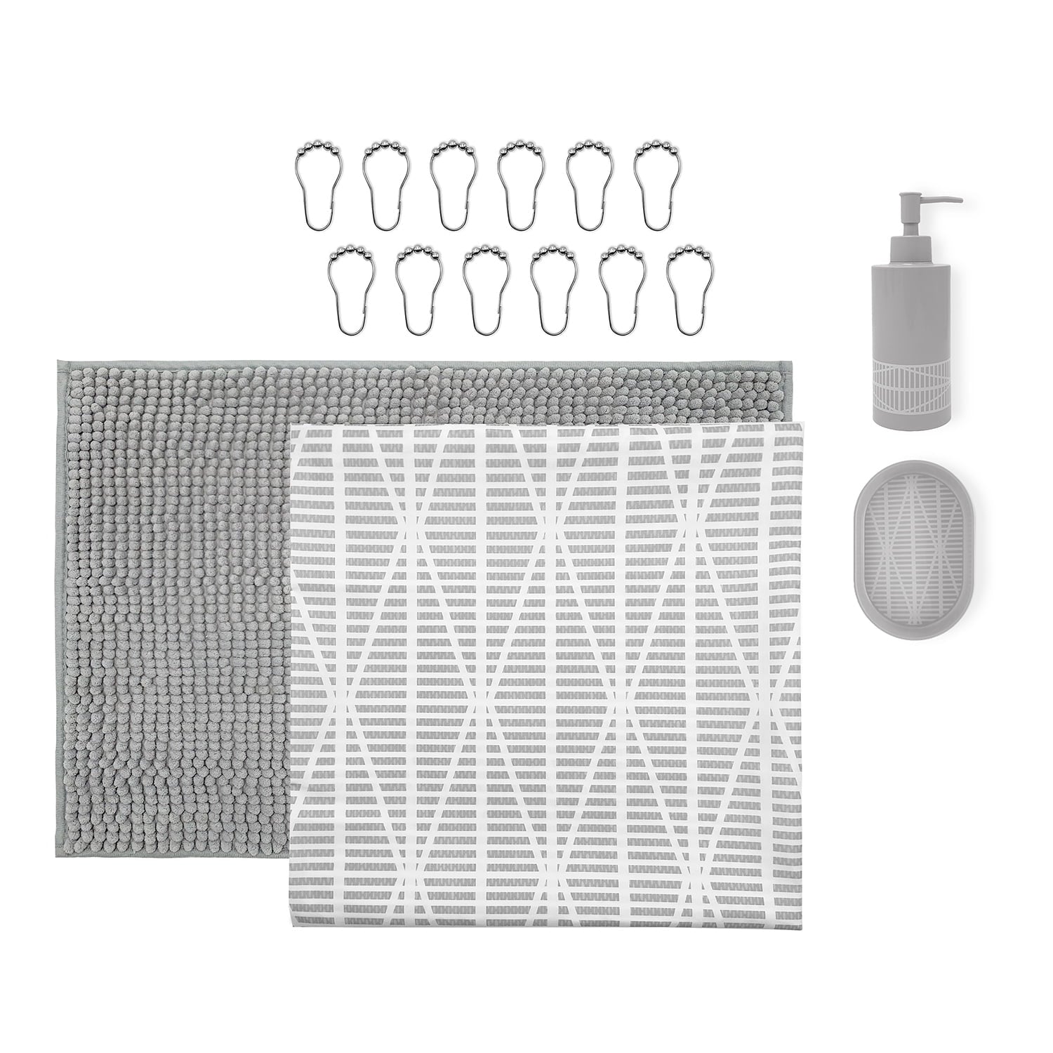 16-Piece Grey Diamond Geo Shower Curtain Bathroom Set Fabric Curtain with Rug, Hooks, Soap Dispenser & Tray - Image 3