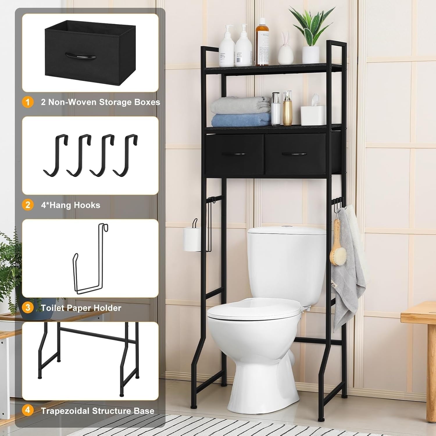 3-Tier Shelf with Storage Baskets, The Storage Cabinet, 3-Tier Bathroom Organizer with Fabric Drawers & Hooks, Freest... - Image 6