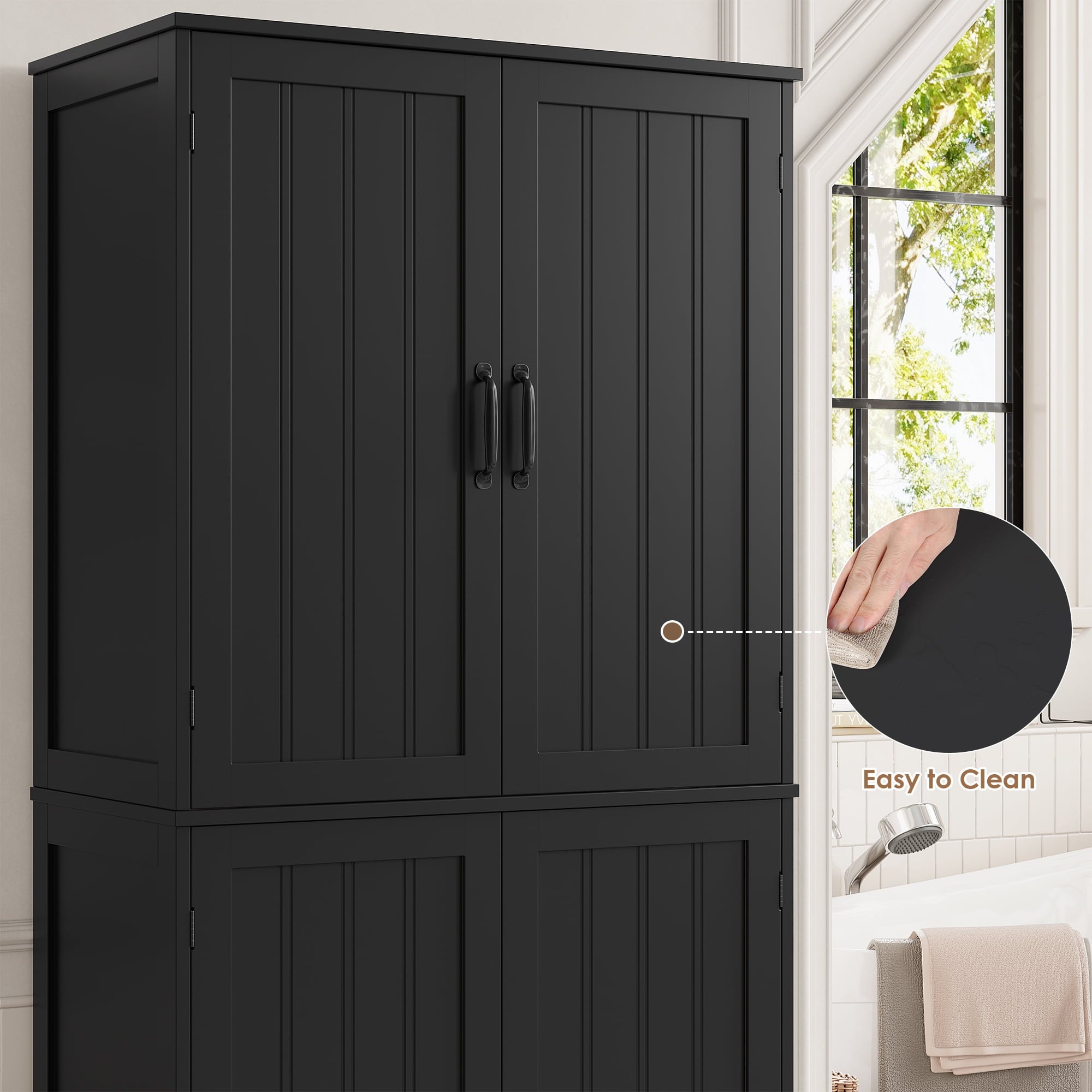 71'' Bathroom Cabinet with 6 Storage Shelves, Freestanding Wooden Linen Cabinet for Living Room, Black - Image 5