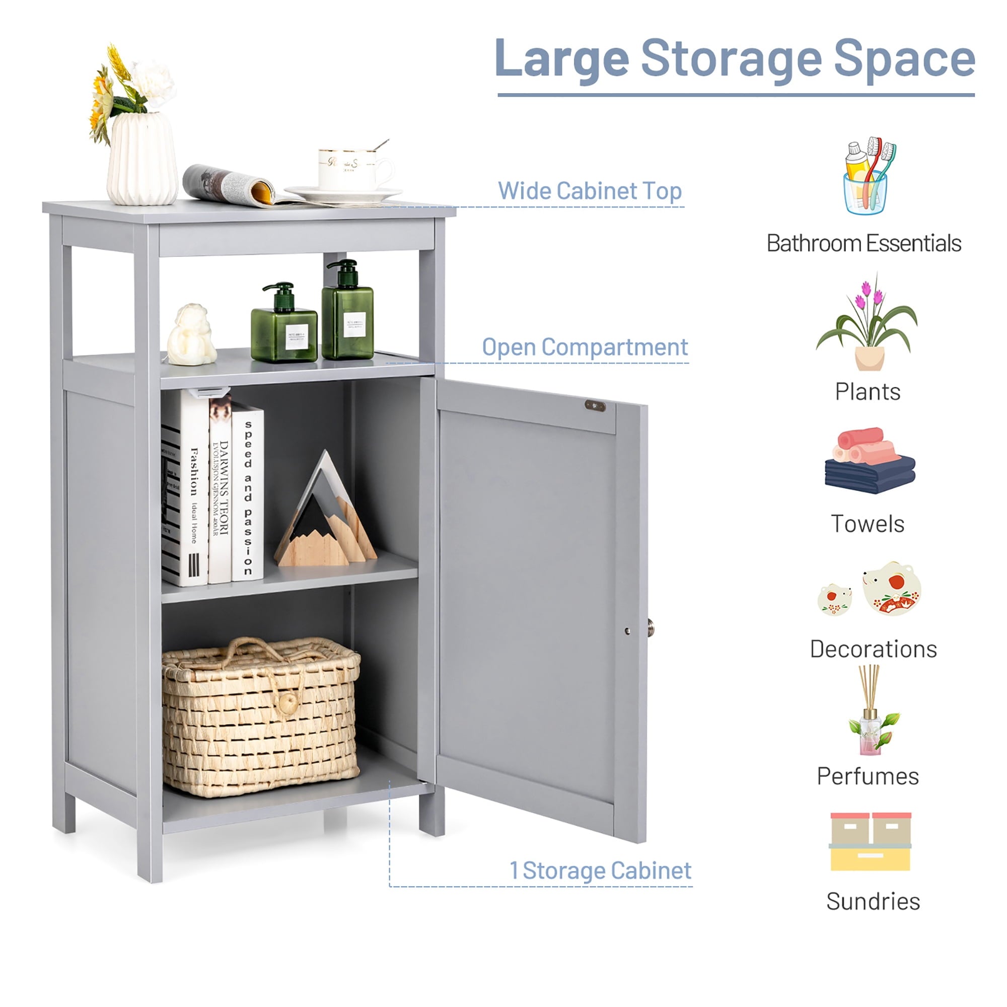 Costway Bathroom Cabinet Wooden Floor Multifunction Storage Rack Organizer Stand Grey - Image 6