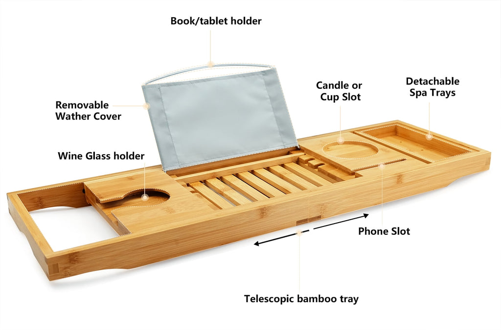 Bathtub Caddy Tray for Tub, Expandable Bamboo Bath Table Shelf with Book and Wine Glass Holder, Bathroom Accessories Gift for Spa, Housewarm - Image 3