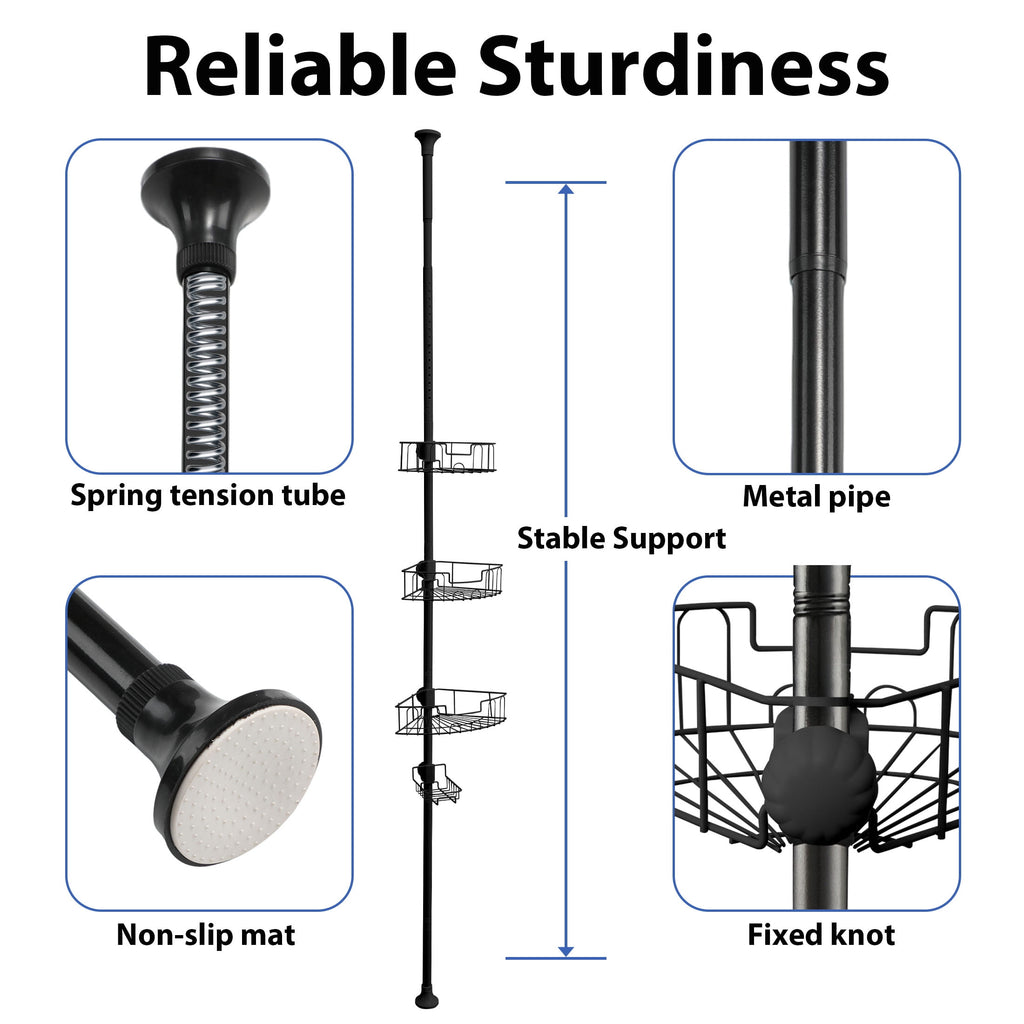 Tension Pole Adjustable Height 56-114Inch Black Metal Bathroom Organizer - Image 3