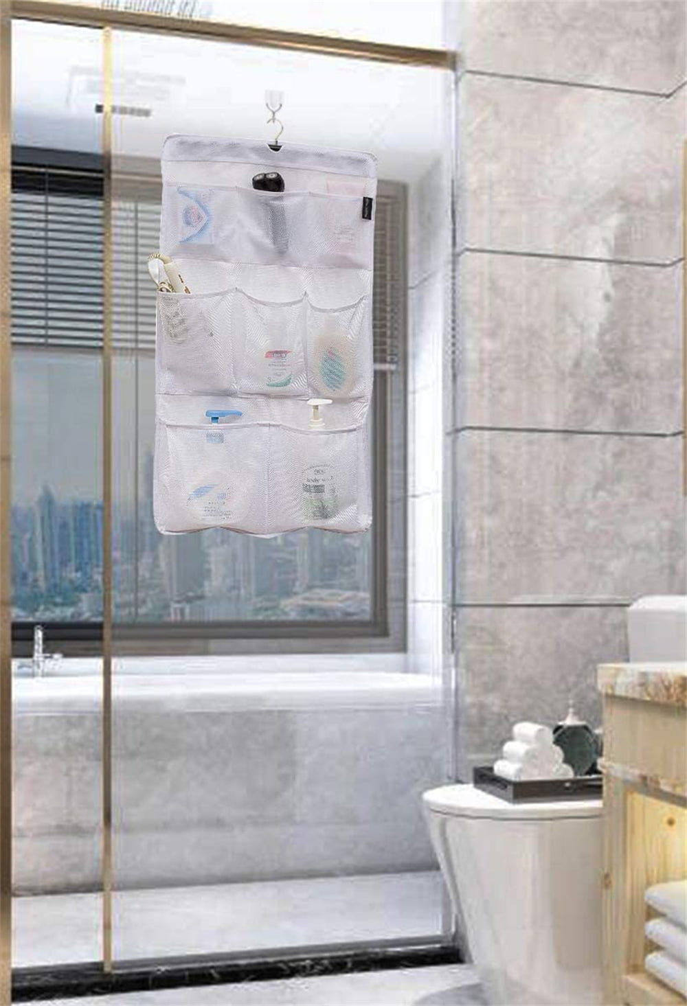 NOGIS 8 Pockets Mesh Shower Organizer Hanging Caddy with Rotating Hanger Quick Dry Bathroom Storage（1 Curtain Rings） - Image 2
