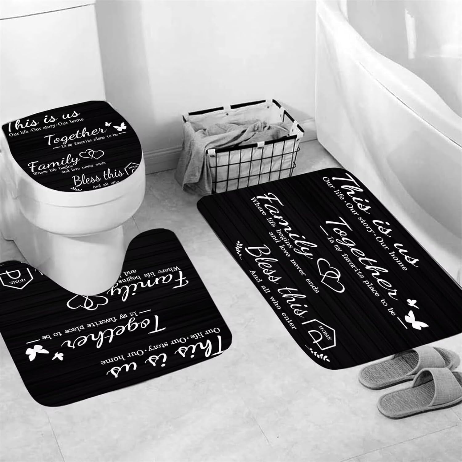 Set Black Home Bathroom Set with and Rugs and Accessories Bathroom Decor with 12 Hooks - Image 3