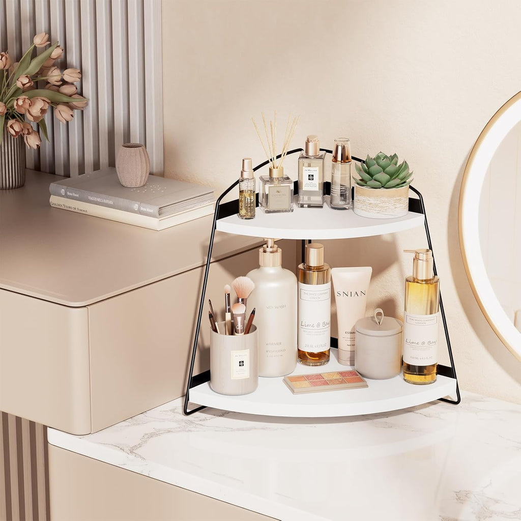 Puricon 2-Tier Wood Countertop Organizer Bathroom Sink Corner Shelf -White - Image 5
