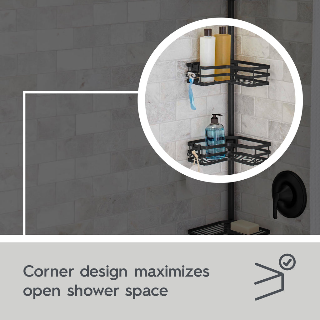 Matte Black Rust-Resistant Tension Pole Shower Caddy with 3 Adjustable Baskets - Image 4