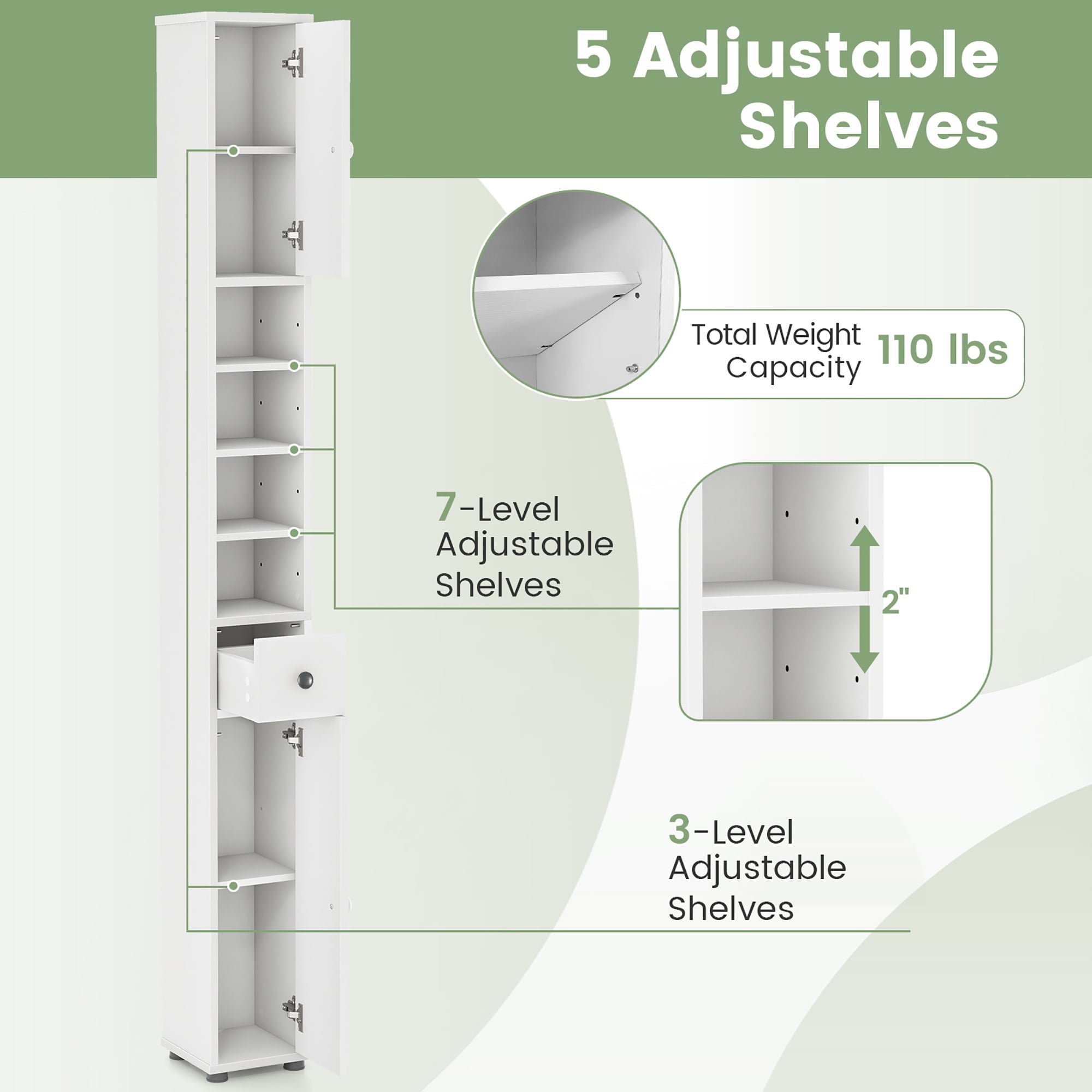 Bathroom Storage Cabinet Linen Tower w/ Drawer & Adjustable Shelves - Image 6
