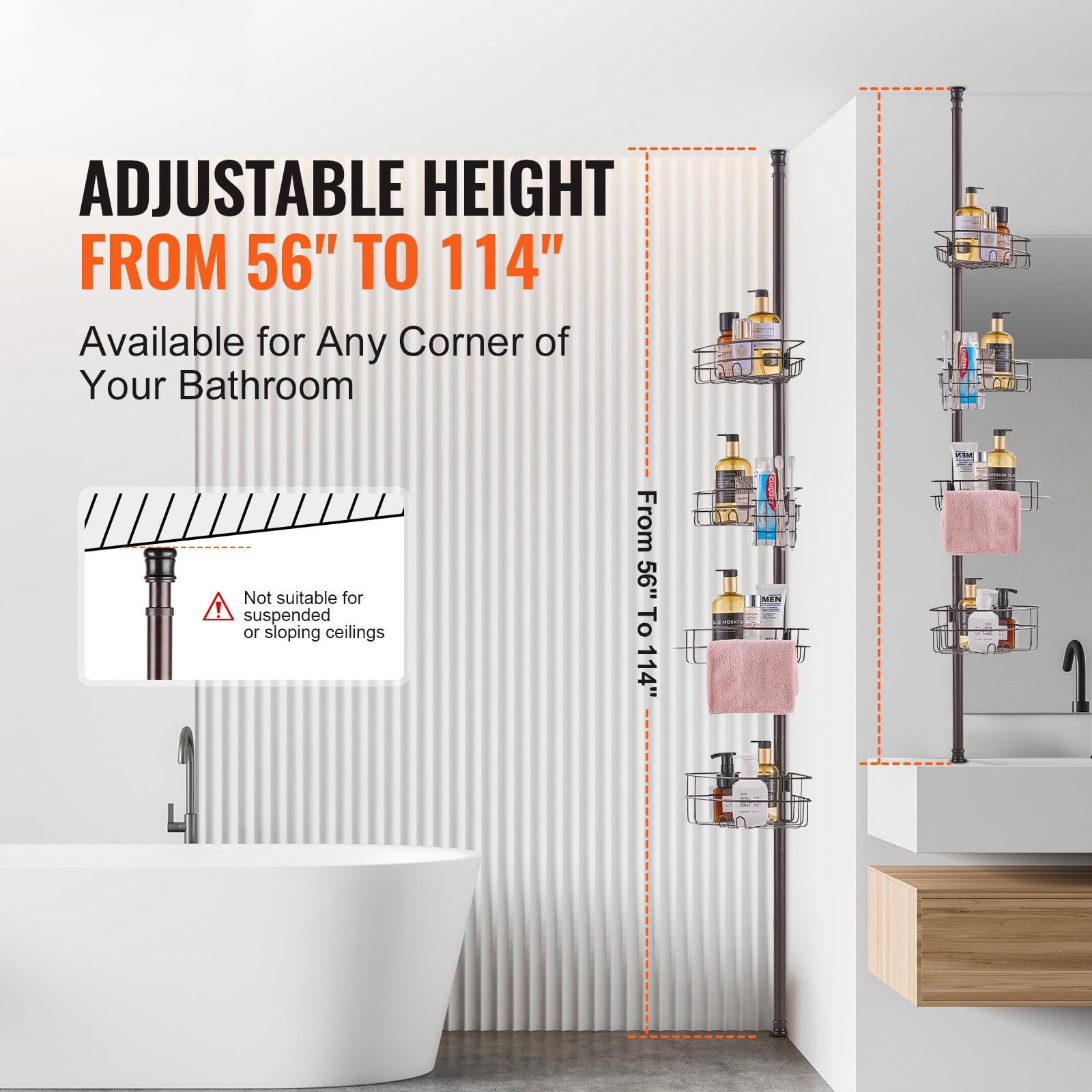 Shower Caddy, Adjustable 56" to 114", Versatile Shower with Durable Tray, Resistant to Rust, Simple Installation, Sui... - Image 3