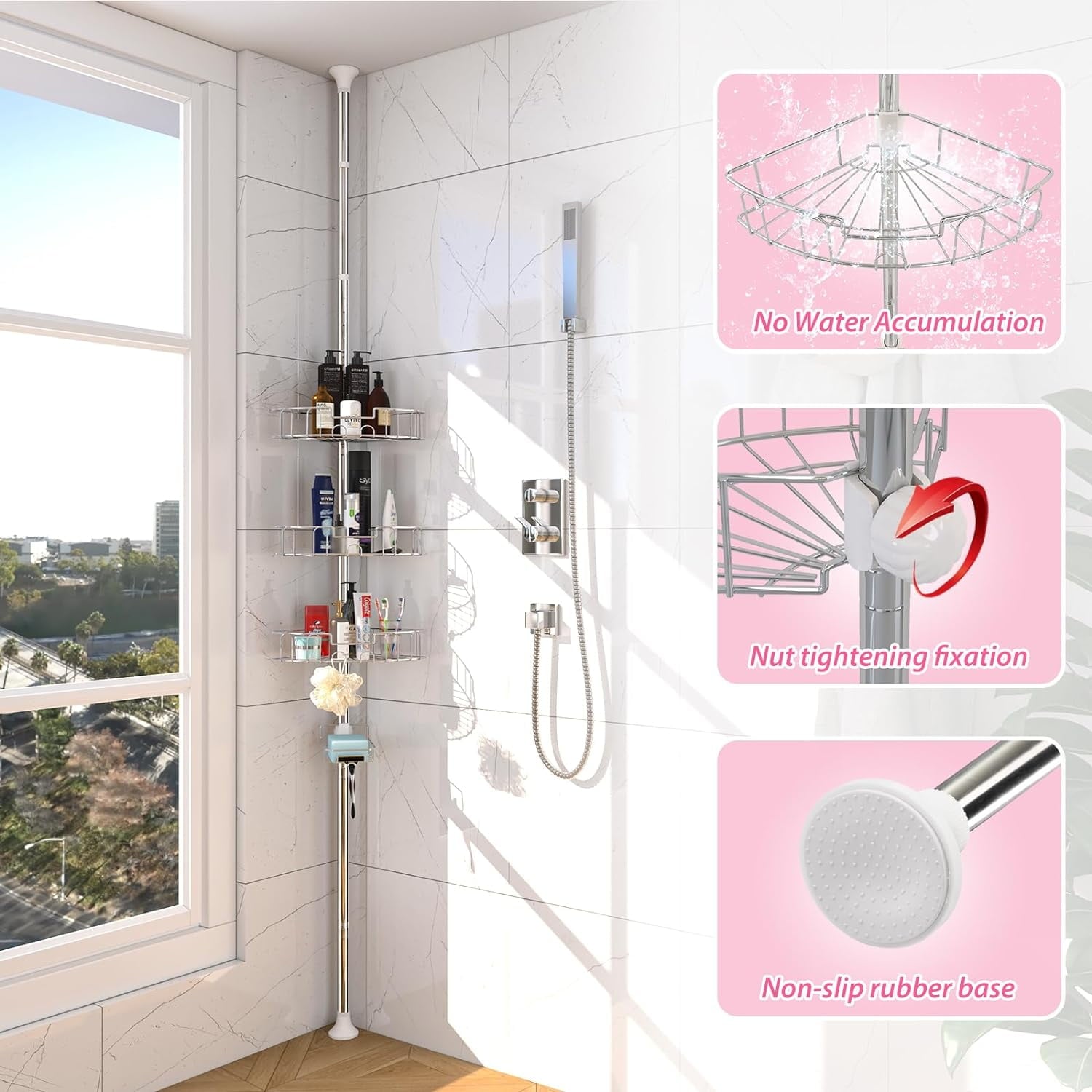 Caddy 39-125" Stainless Steel Shelves Rack for Inside Bathroom Bathtub Caddy Rustproof Tension Pole Silver - Image 6
