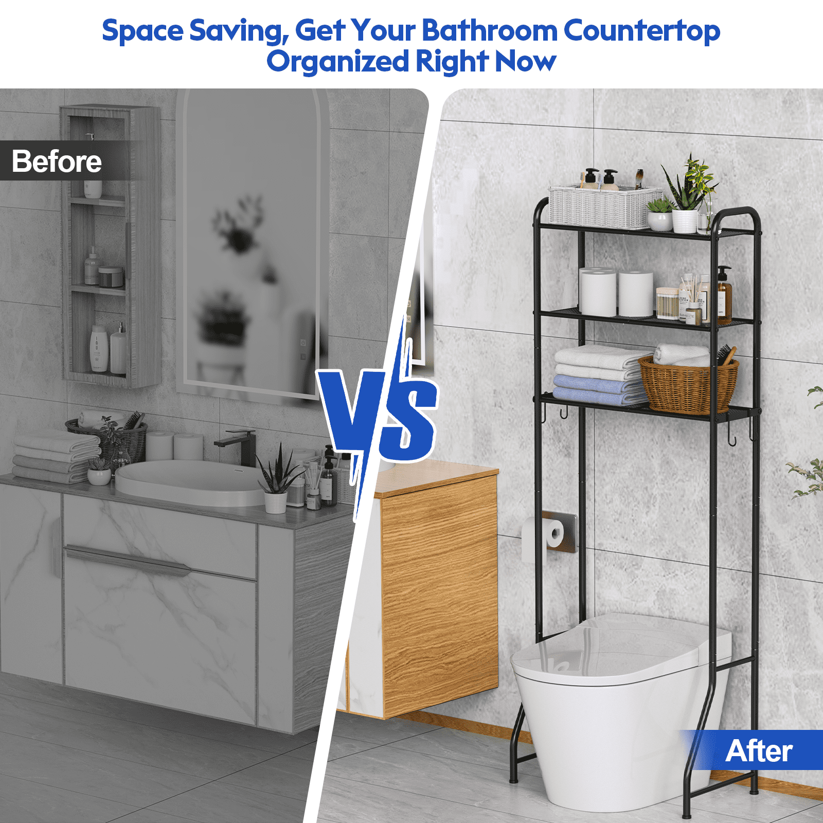 3 Over The Toilet Storage Rack, Bathroom Organizer Shelves Cabinet Above Toilet, Freestanding Shelf Space Saver, Black - Image 3