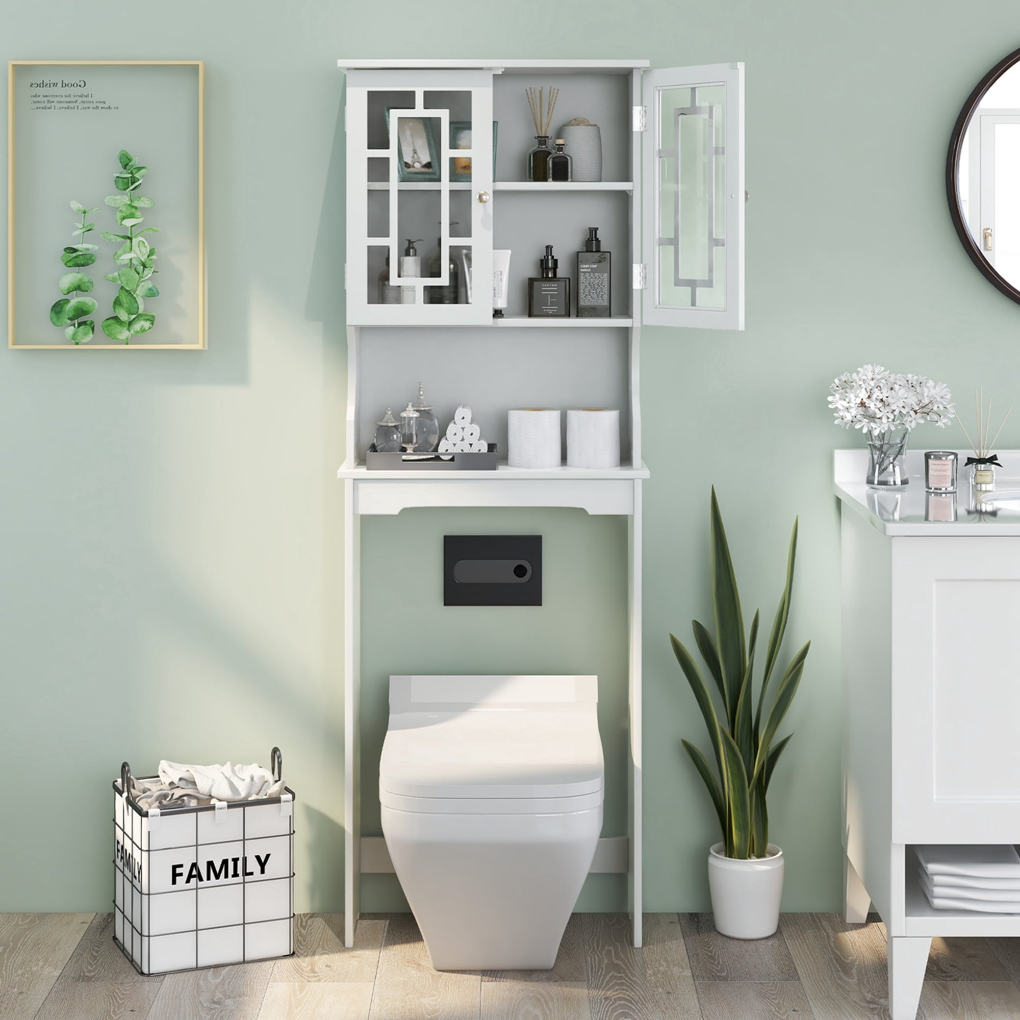 the Toilet Storage Bathroom Spacesaver Cabinet Tower Organizer Shelf & Doors White - Image 5