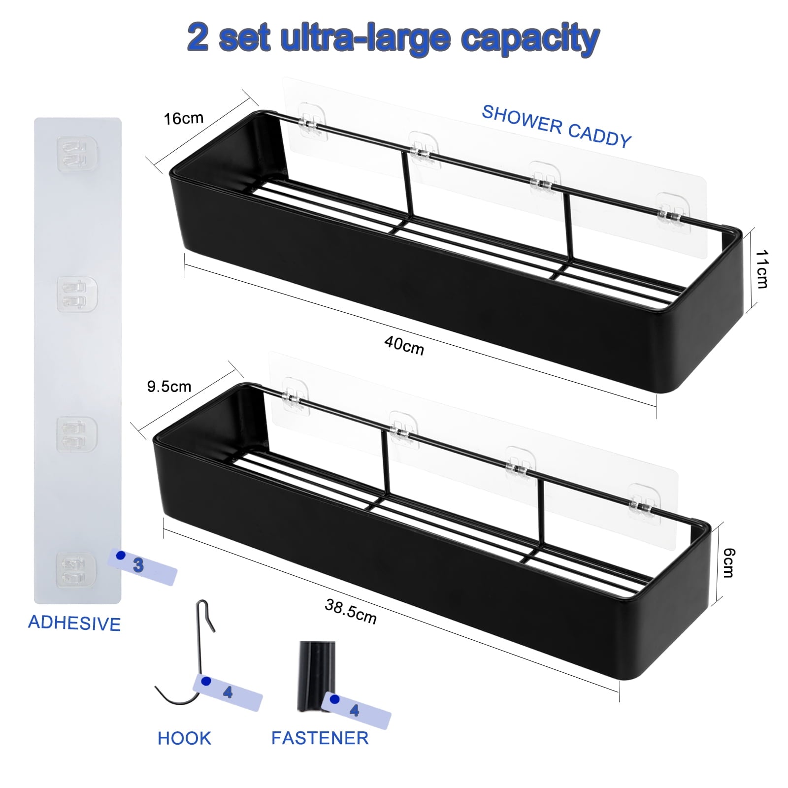 YIHATA Wall Shower Caddy, Black Shower Shelf No Drilling, Self Adhesive Bathroom Storage Rustproof Shower Organizer with 4 Hooks, Quick-Dry, - Image 3