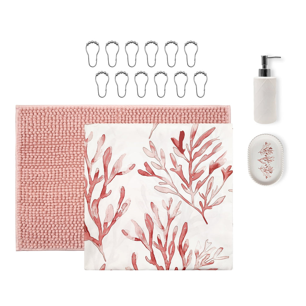 16-Piece Pink Coastal Botanical Shower Curtain Bathroom Set Fabric Curtain with Rug, Hooks, Soap Dispenser & Tray - Image 3
