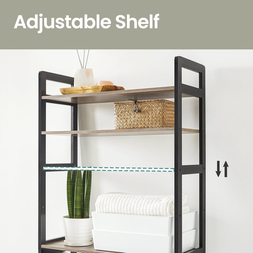 3-Tier Storage Organizer with Adjustable Shelves & Hooks, Bamboo Bathroom Shelving Unit, Heather Greige and Ink Black - Image 5