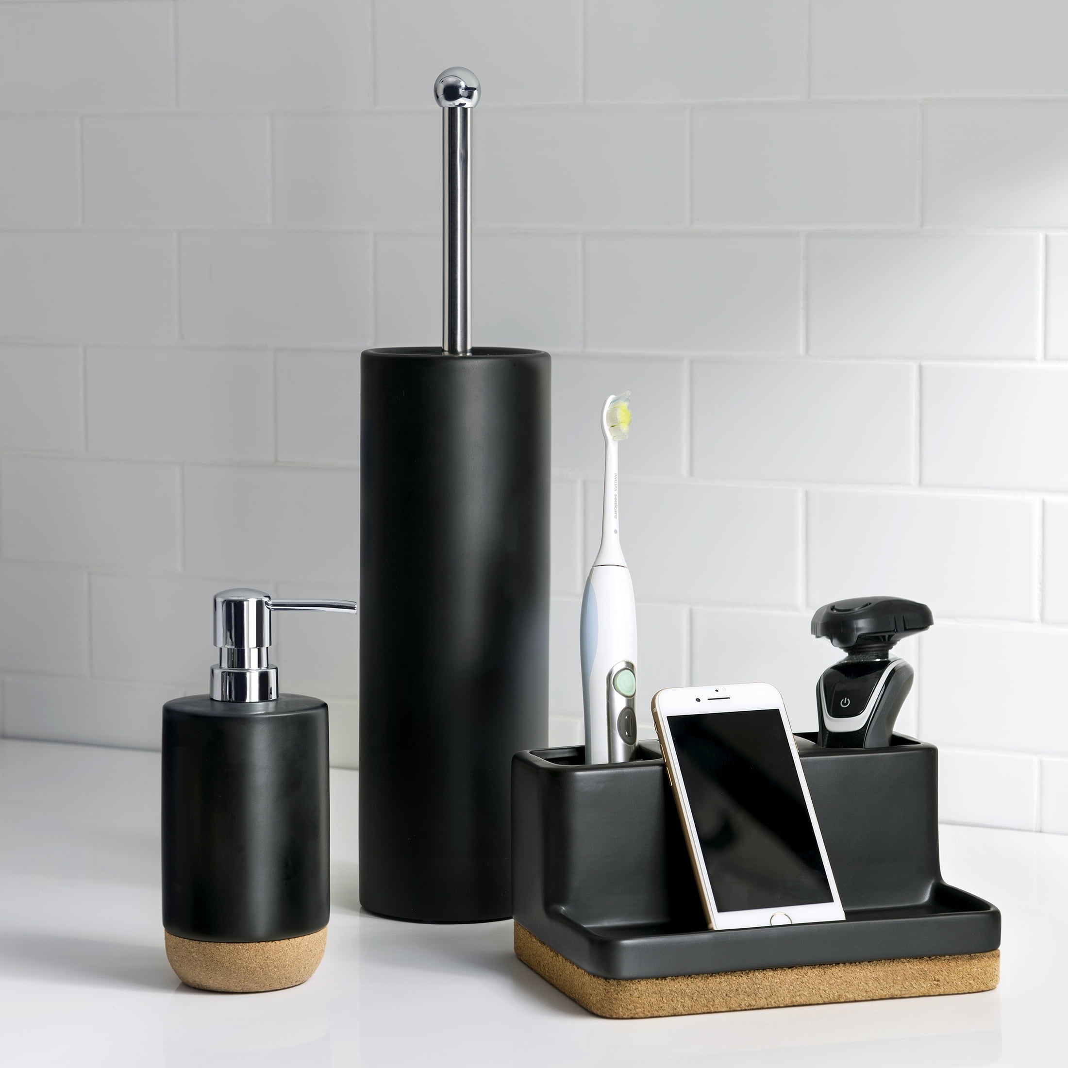 Better Homes & Gardens Matte Black and Cork Vanity Organizer with Tray and 3 Compartments - Image 6