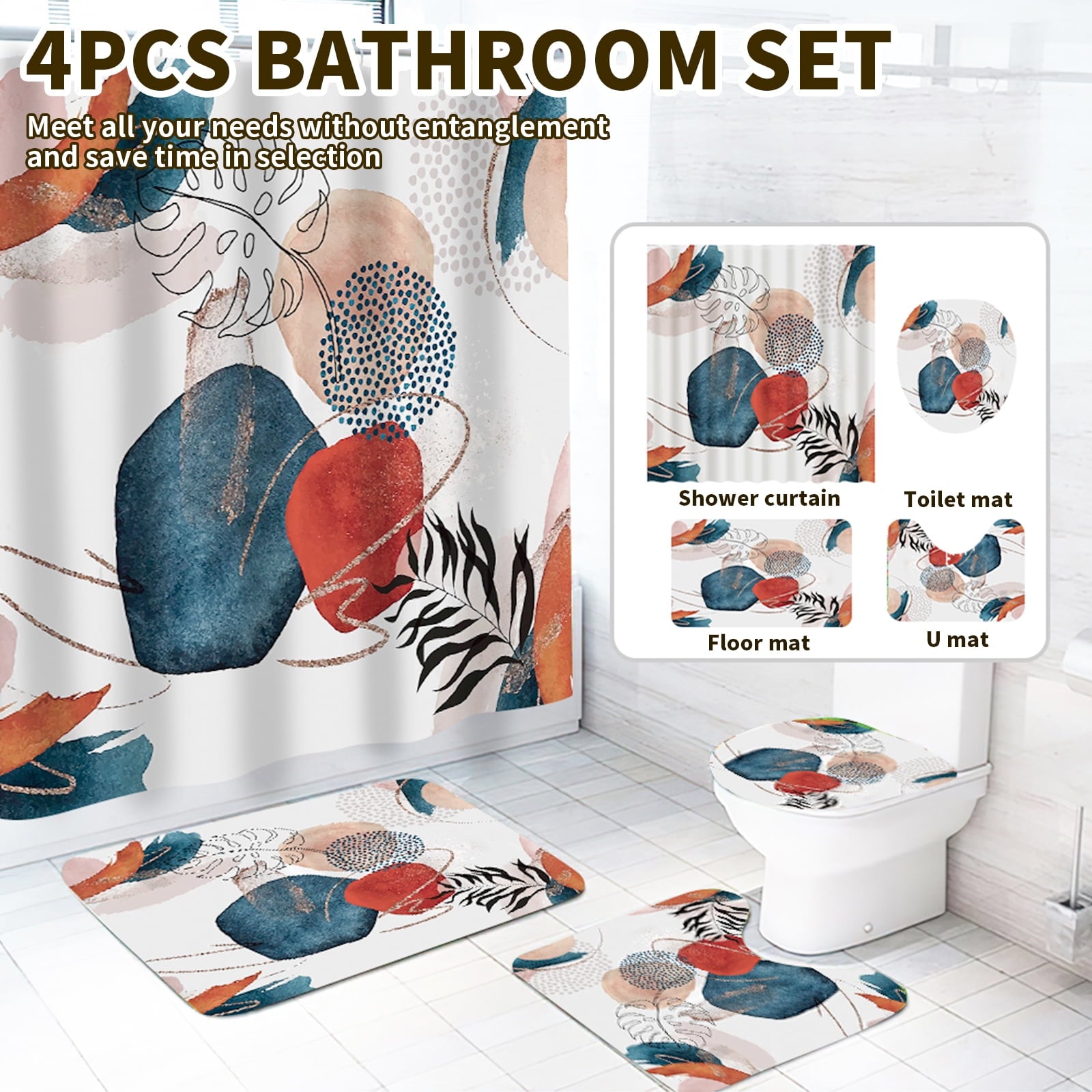 Fabric Shower Curtain and Rug Sets, 16pc Modern Bathroom Sets, Navy, 72" x 72" - Image 6