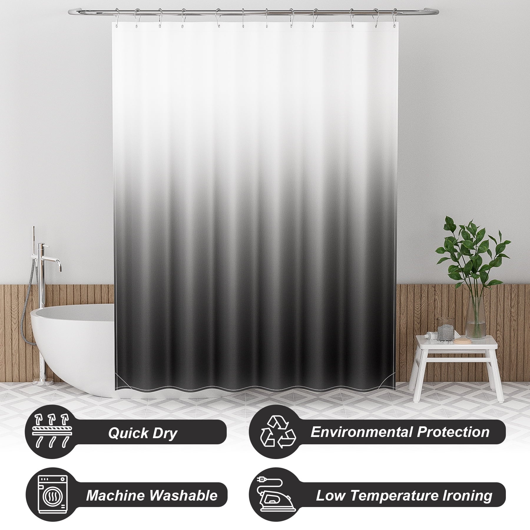 AmazerBath Shower Curtain, Gradual Black Fabric Shower Curtain Set with 12 Shower Curtain Hooks, Farmhouse Cloth Black and White Shower Curt - Image 2