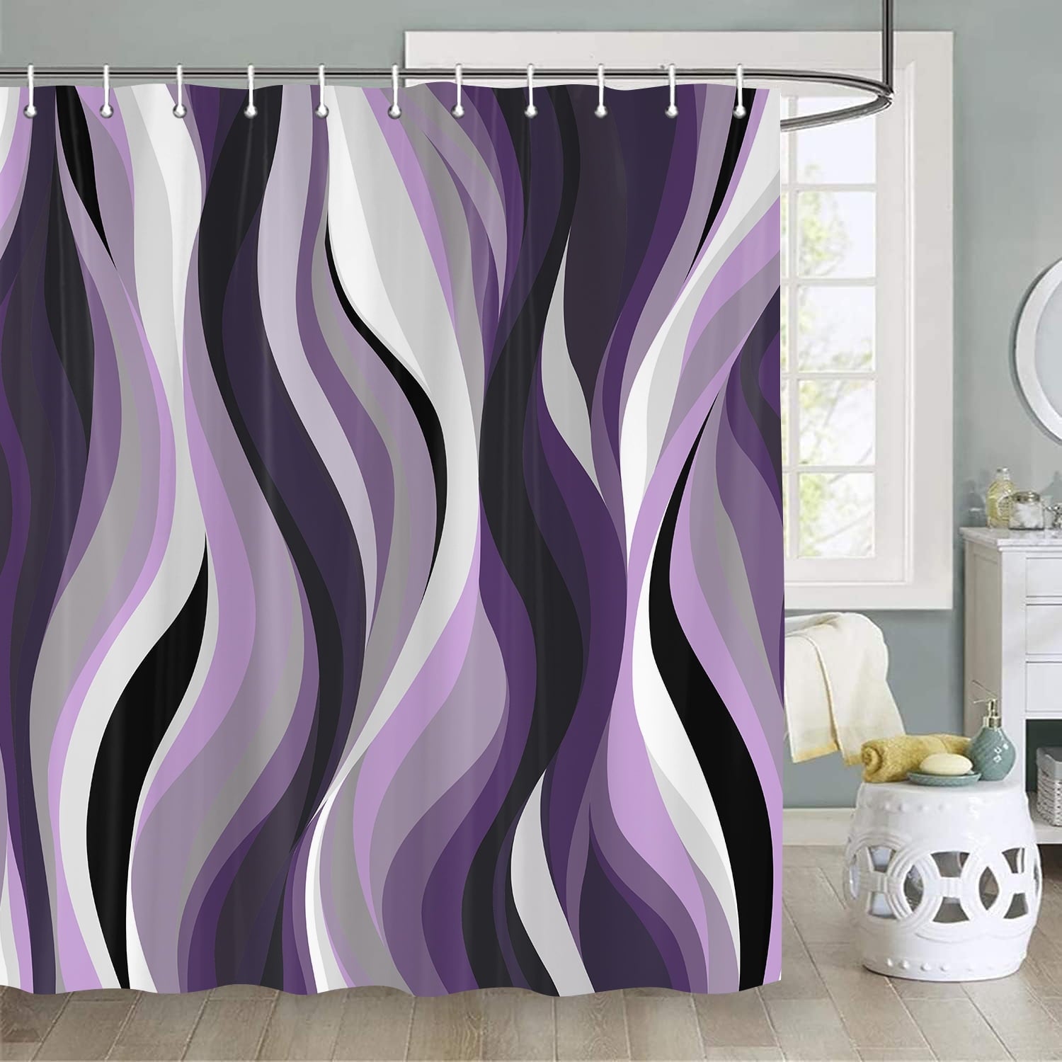 Curtain, Stripe Aesthetic Art Curtains Bathroom Decor Set, Fabric Cloth Waterproof with 12 Hooks 72x72 in - Image 3