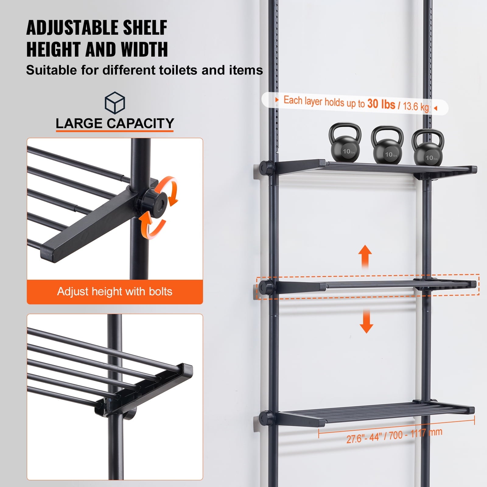 KFFKFF Over The Toilet Storage Shelf,4-Level Adjustable Bathroom Shelf, Eco-friendly Steel, 53"-132" Height, Simple to Assemble, Space-Effic - Image 3