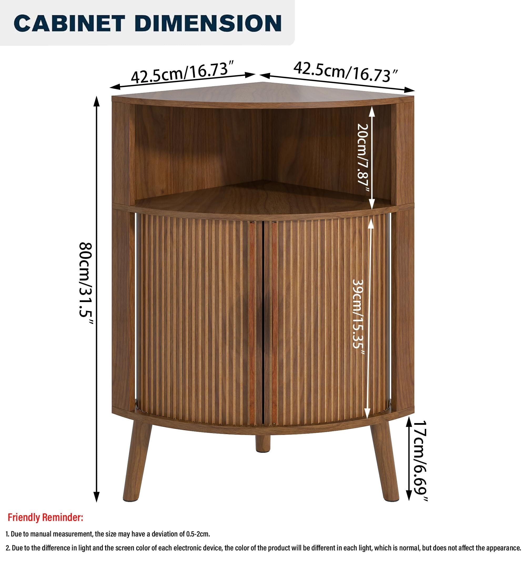Bathroom Storage Cabinet, 31.5" Narrow Floor Corner Storage Cabinet with Fluted Doors & Shelves, Walnut - Image 2