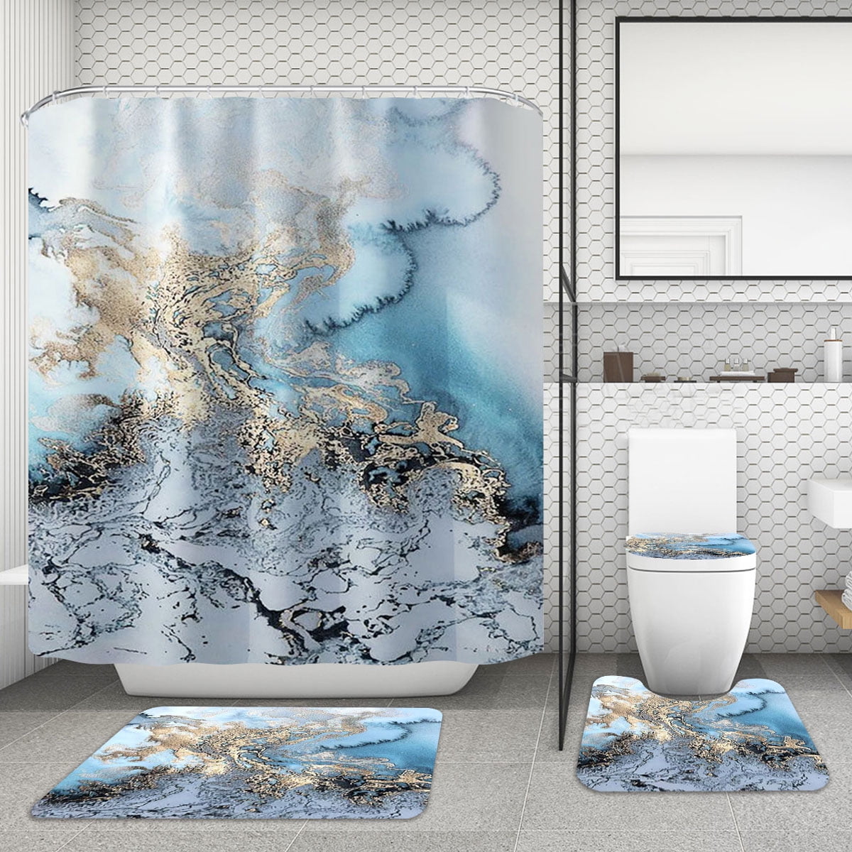 BSHAPPLUS 16pc Bathroom Sets Shower Curtain Set with Rugs,Toilet Lid Cover Bath Mat,Waterproof Fabric Shower Curtain for Home Hotel Bathroom - Image 2