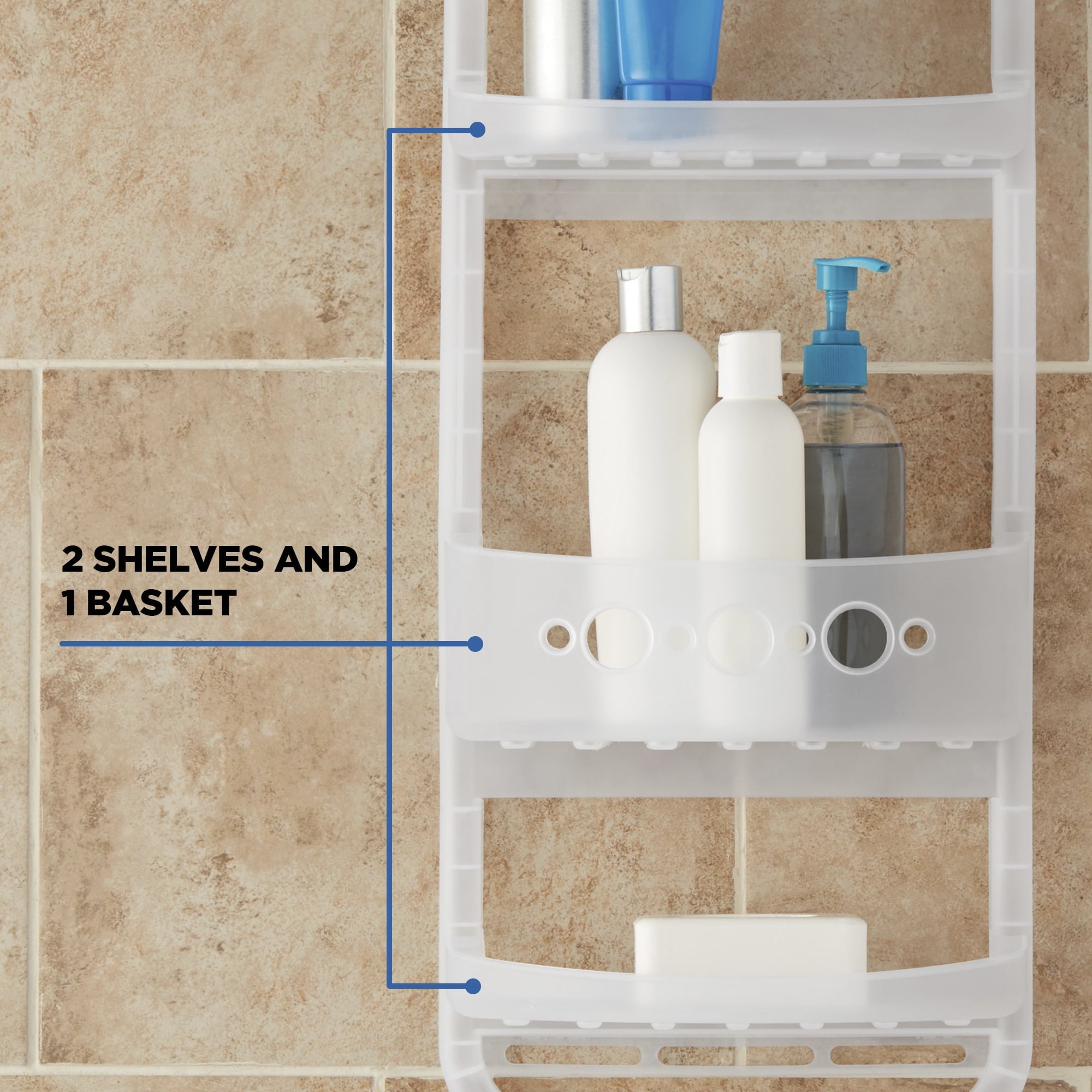 Mainstays Large Over the Shower Caddy with Shelves and Deep Basket, Heavy Duty Plastic, Frosty Finish - Image 3